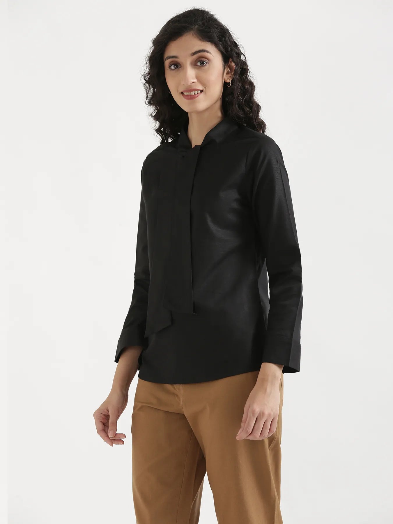 Women Black Linen Blend Knot Blouse