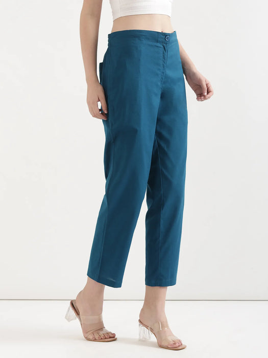 Women Turquoise Airy Linen Straight Pants
