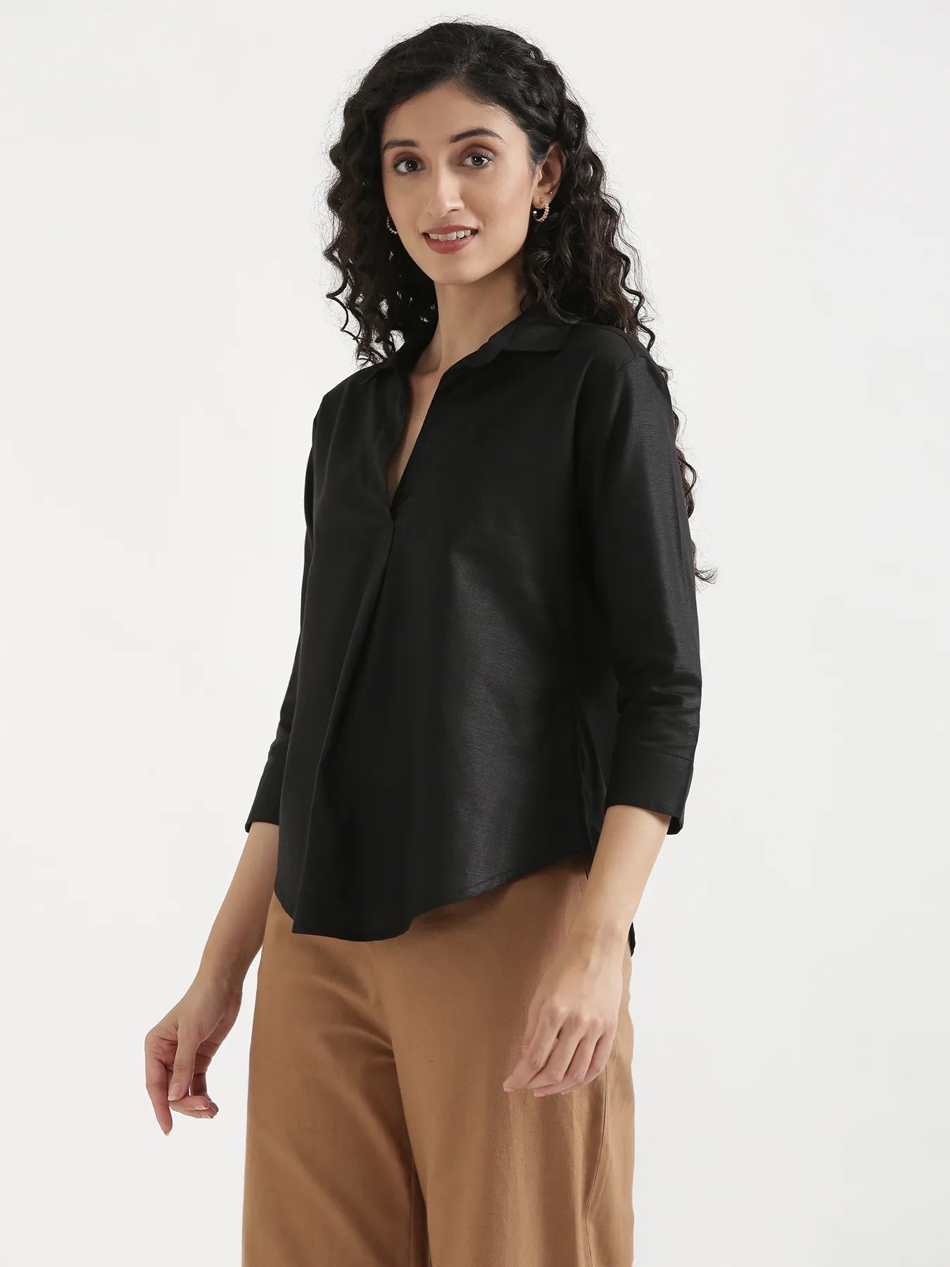 Women Black Linen Blend Pleated Top