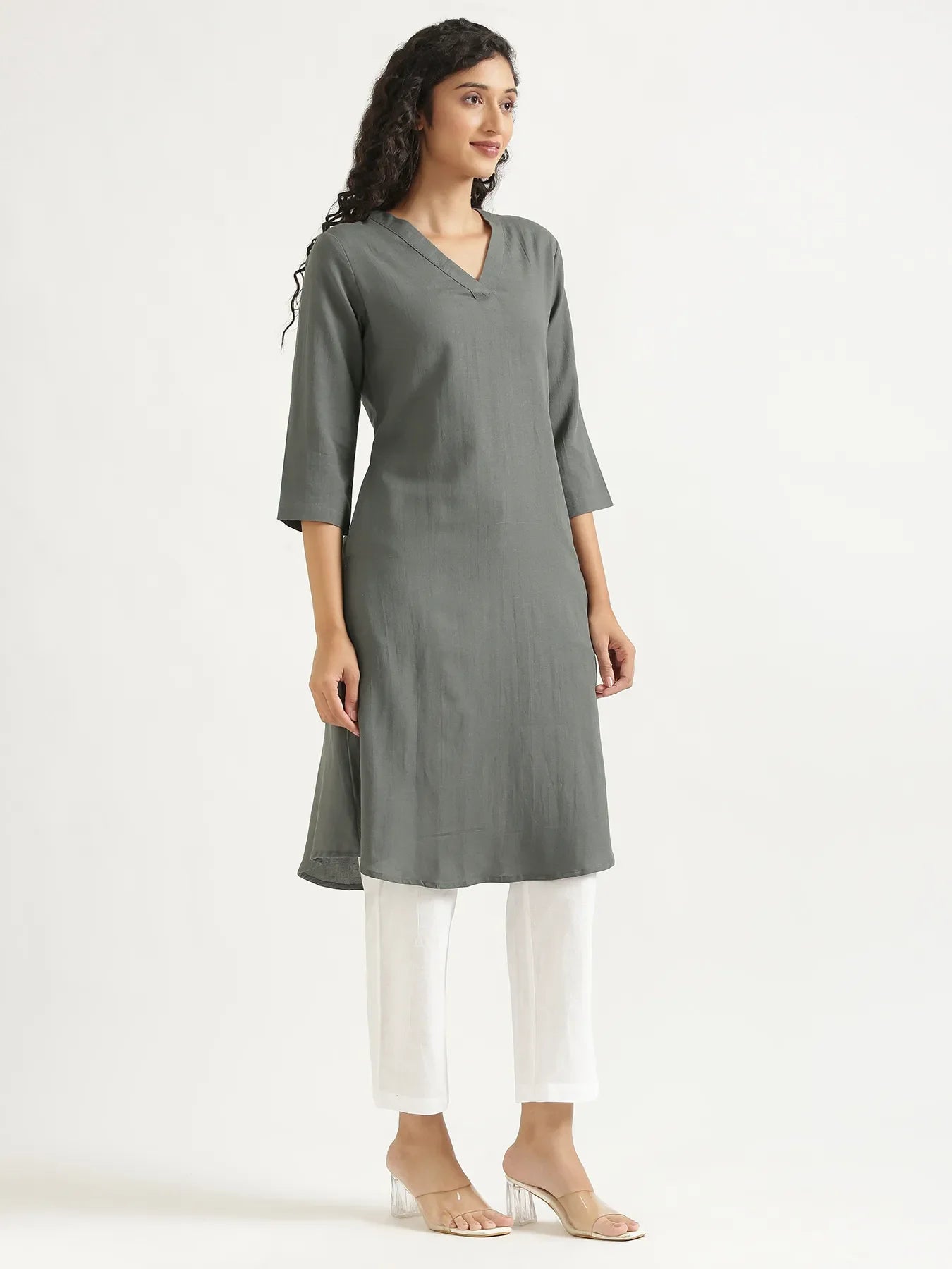 Women German Grey Flowy Linen A-Line Long Kurta