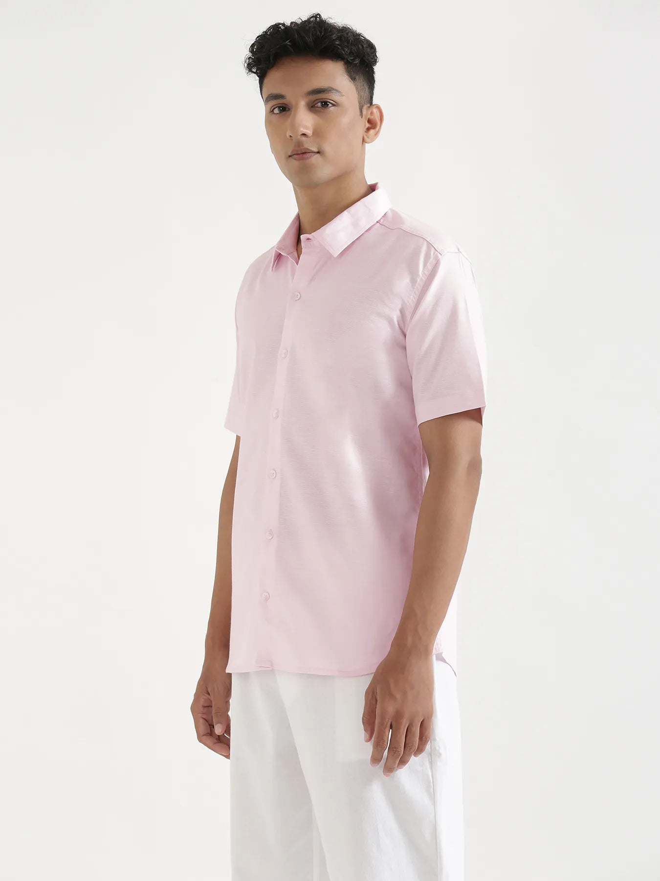 Men Blush Pink Linen Blend Short Sleeve Shirt