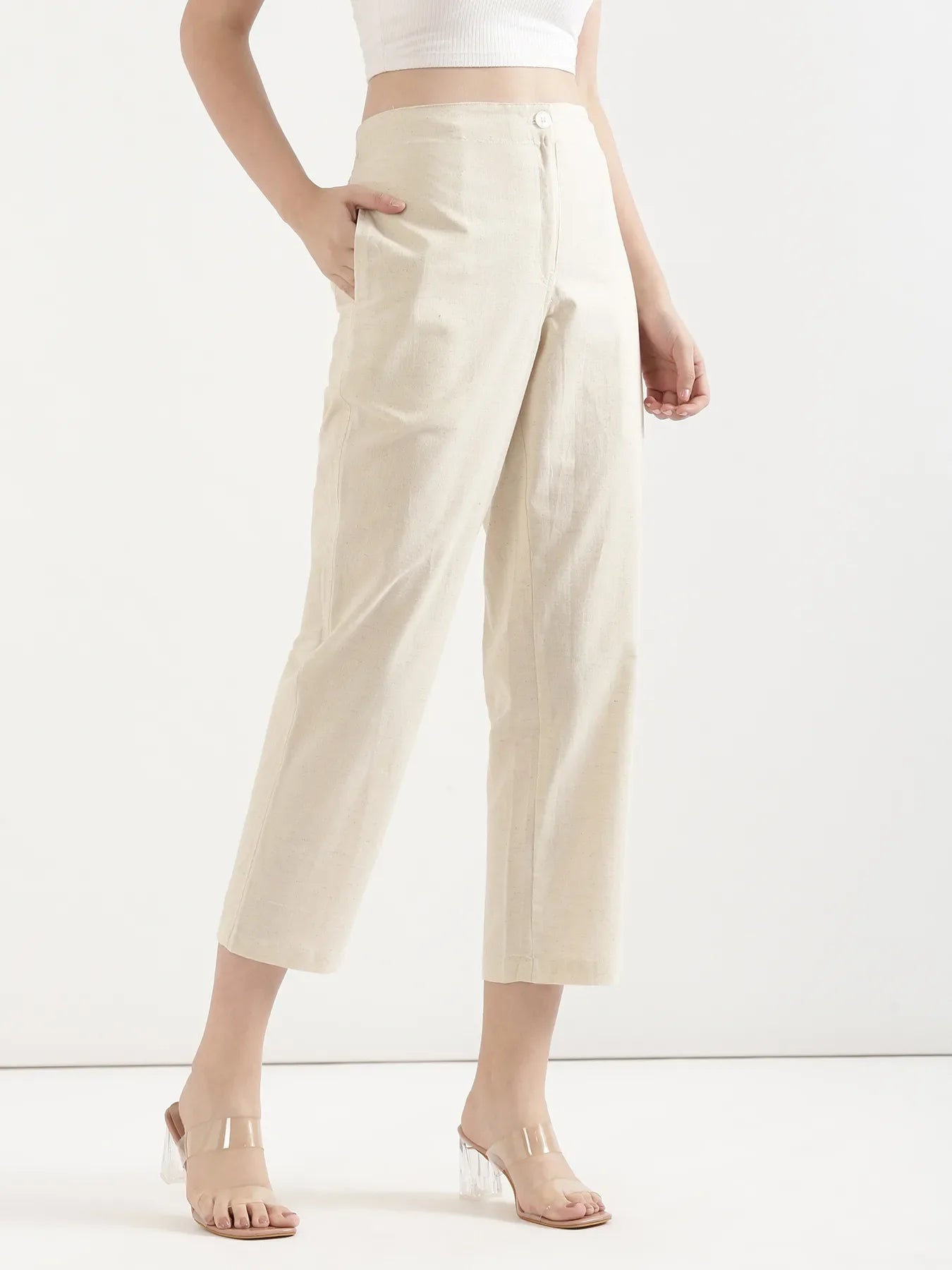 Women Forest Green Better Cotton Peplum Top & Ecru Airy Linen Straight Pant
