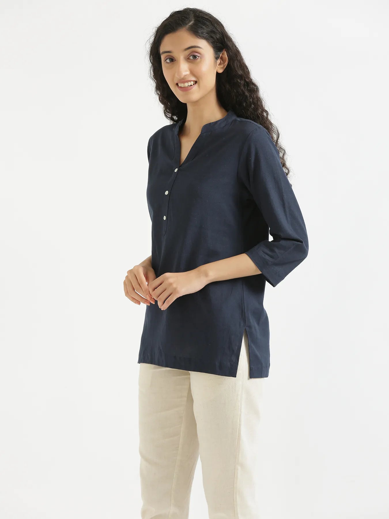 Women Navy Blue Airy Linen Short Kurta