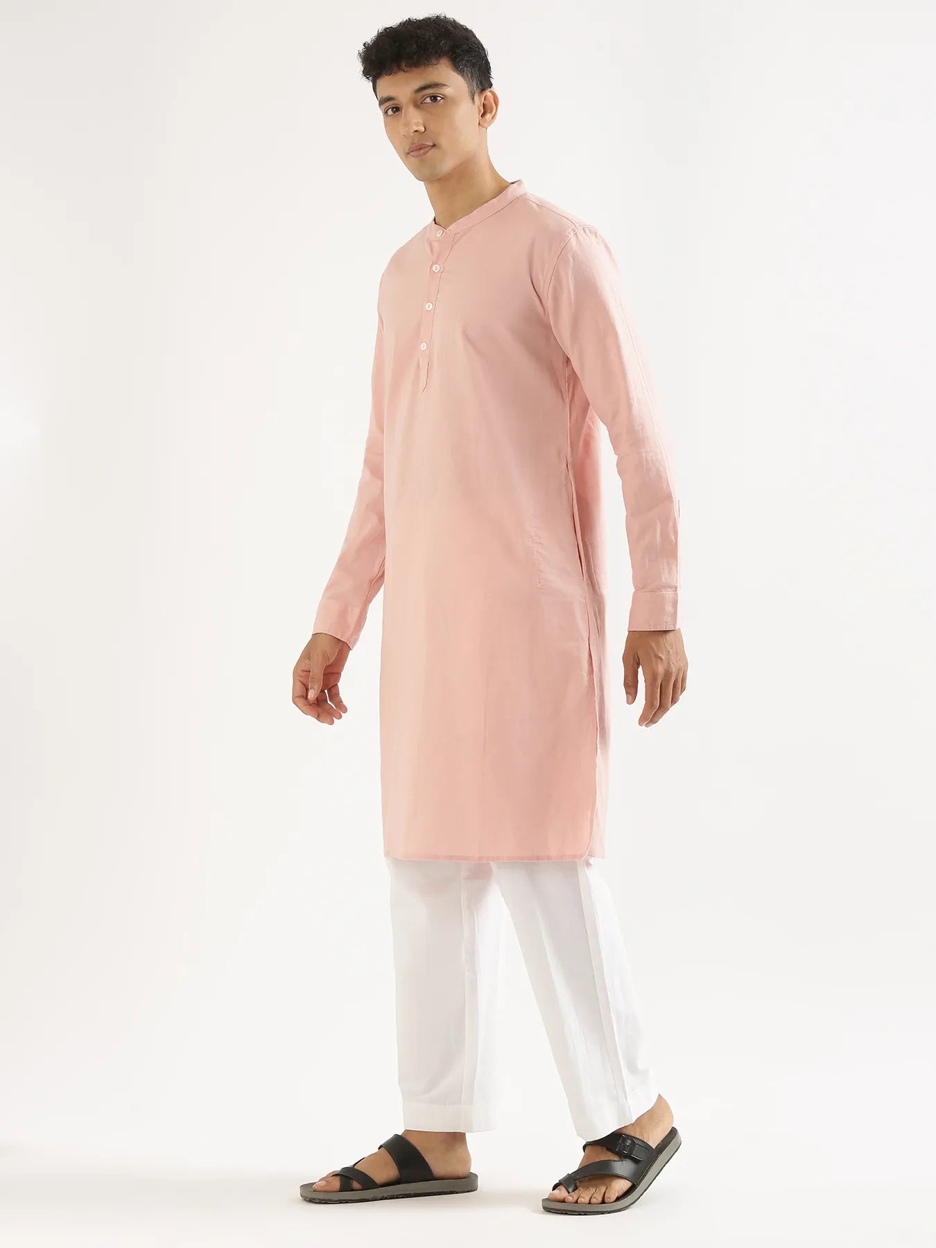 Men Salmon Pink Airy Linen Long Kurta