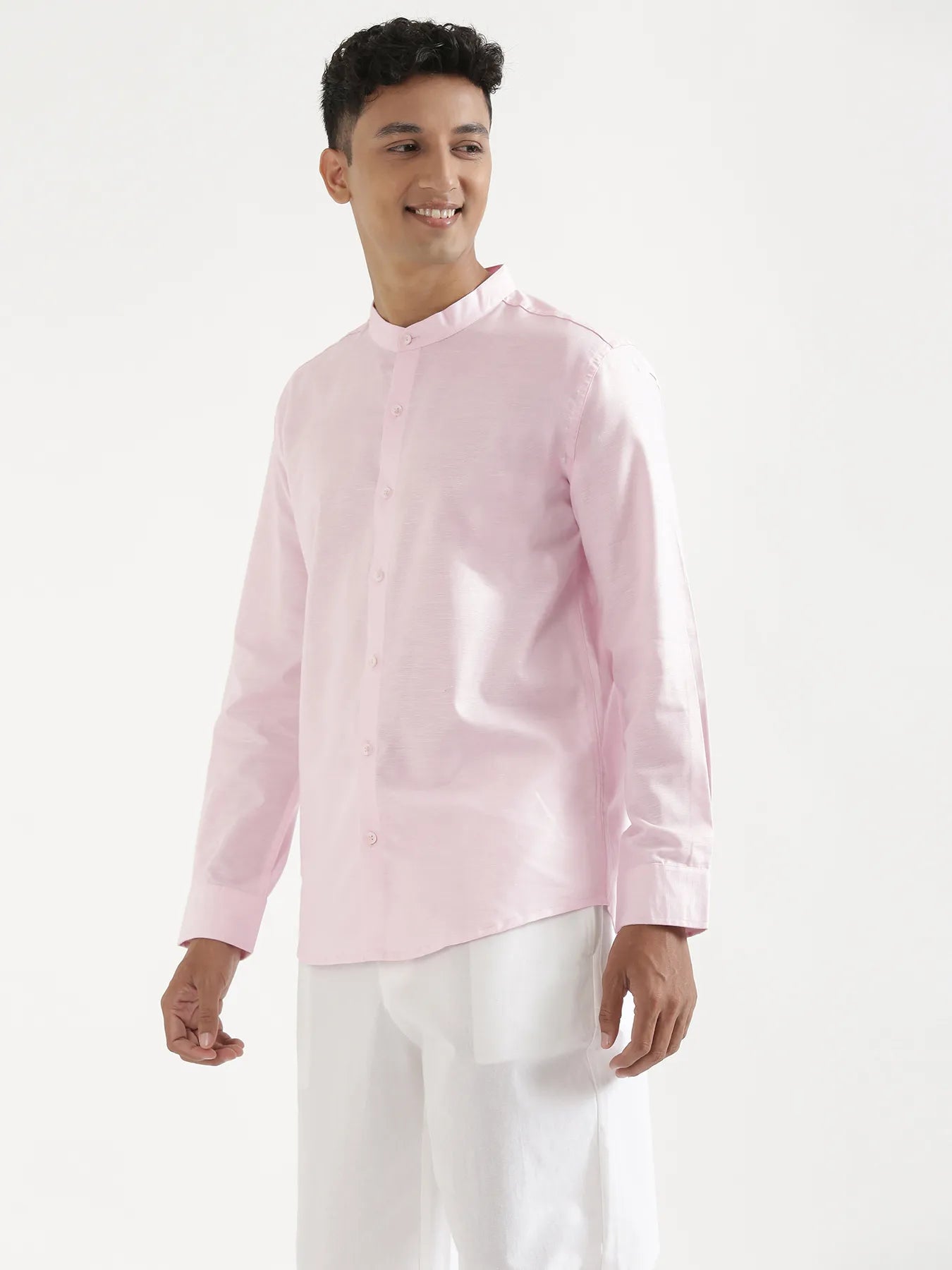 Men Blush Pink Linen Blend Mandarin Collar Shirt & White Cotton Pant Set
