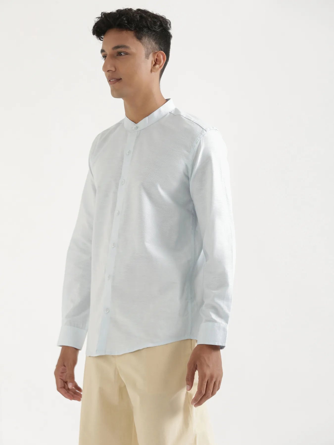 Men Powder Blue Linen Blend Mandarin Collar Shirt