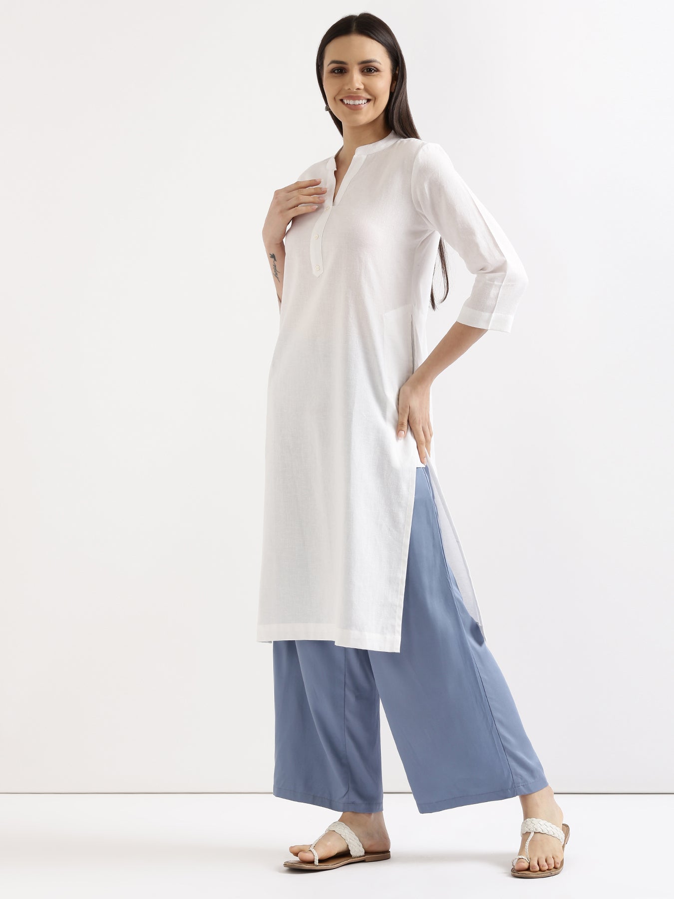 Women Yellow & White Long Kurta