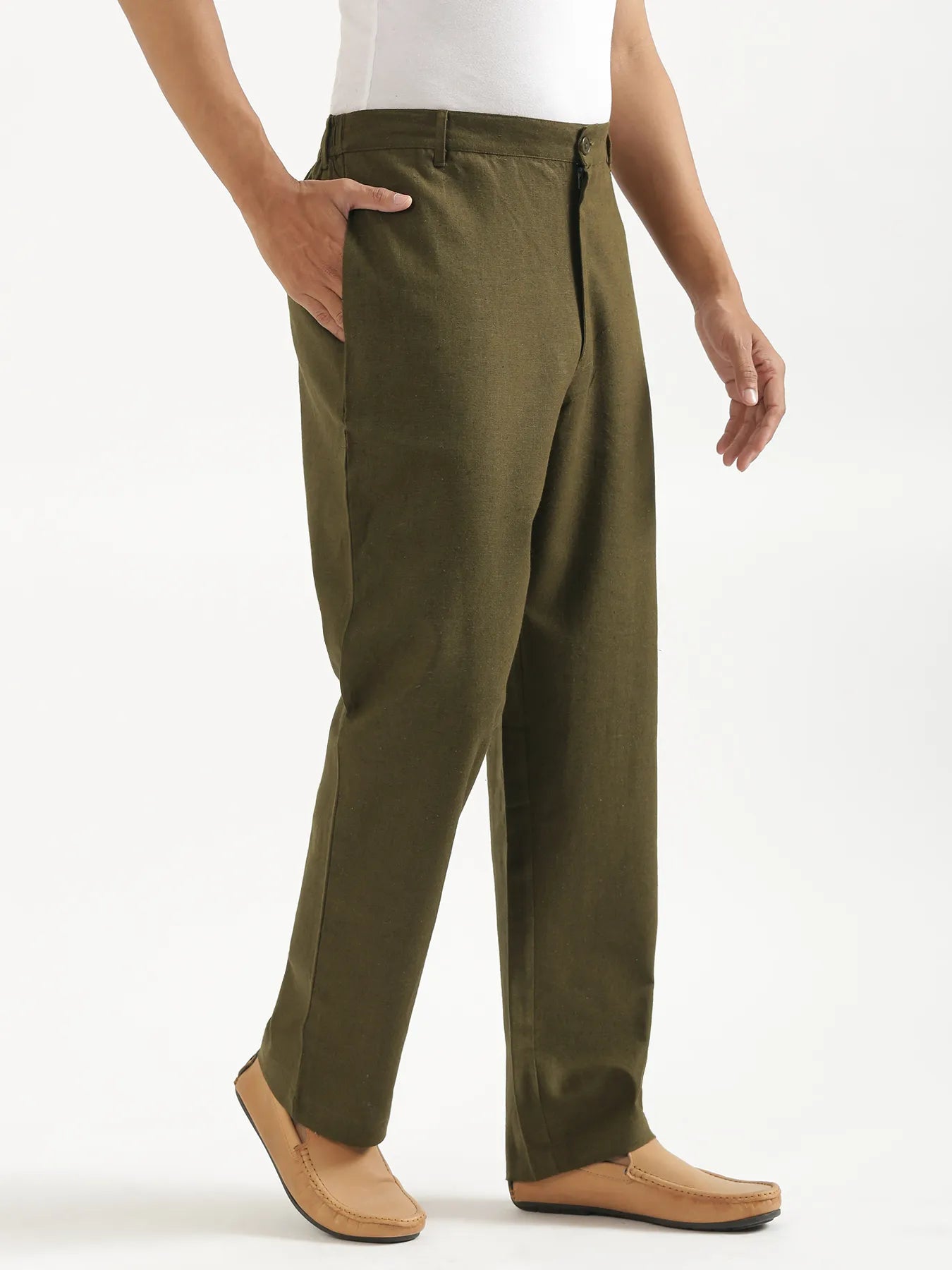 Men Olive Green Linen Blend Straight Pant