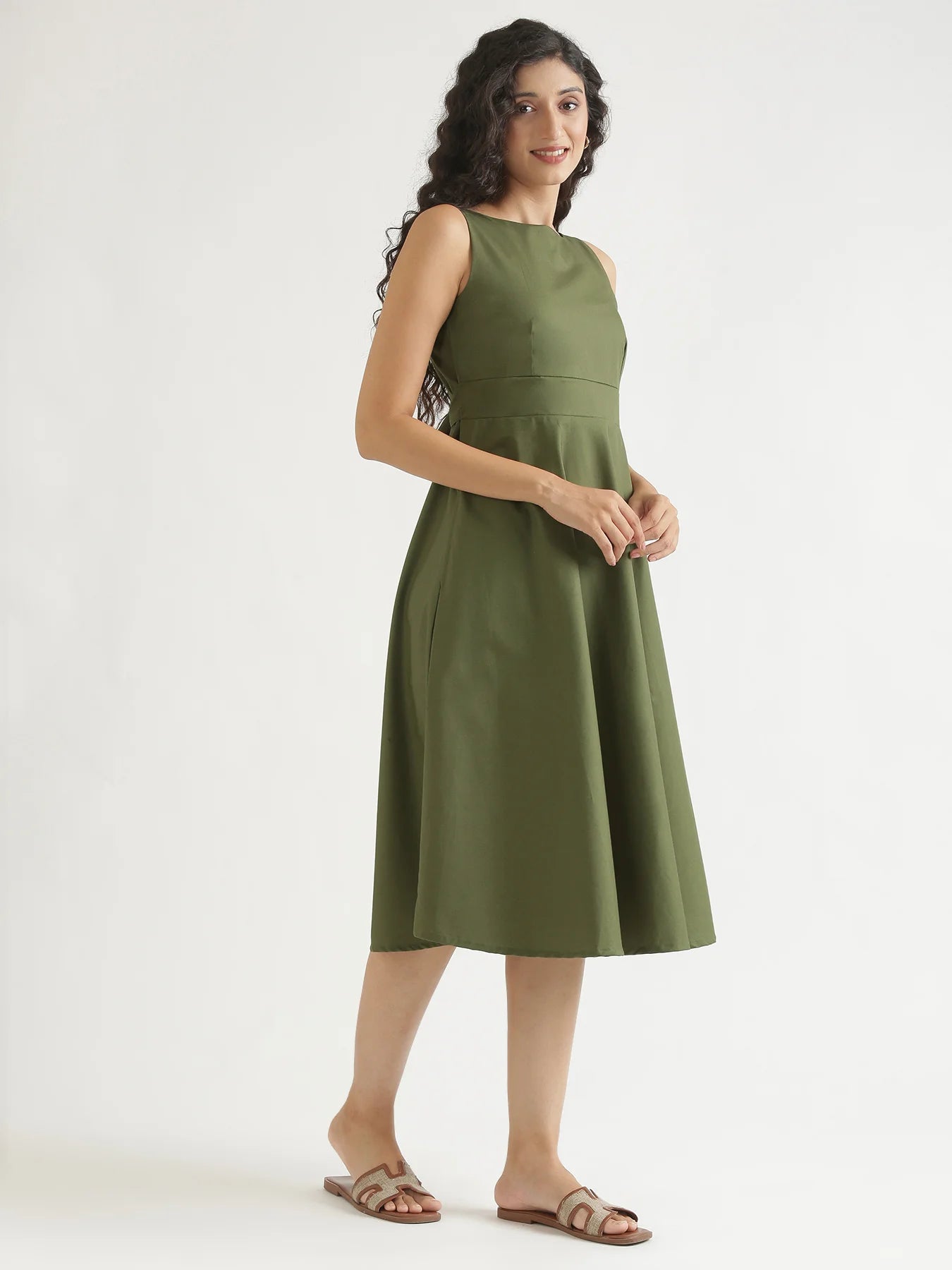 Women Forest Green Better Cotton Flared Dress