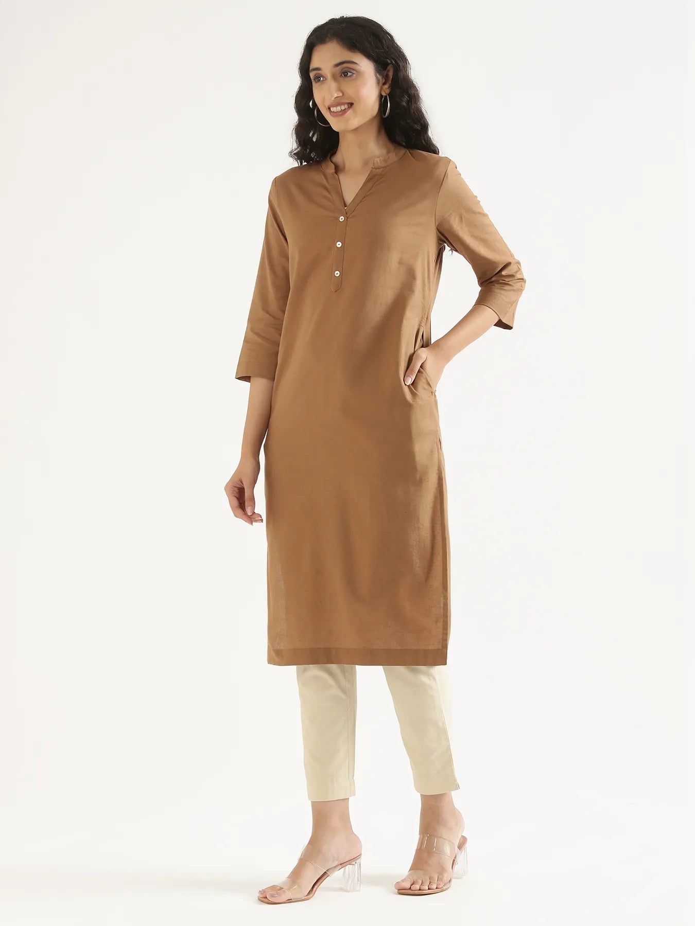Women Coffee Brown Airy Linen Long Kurta