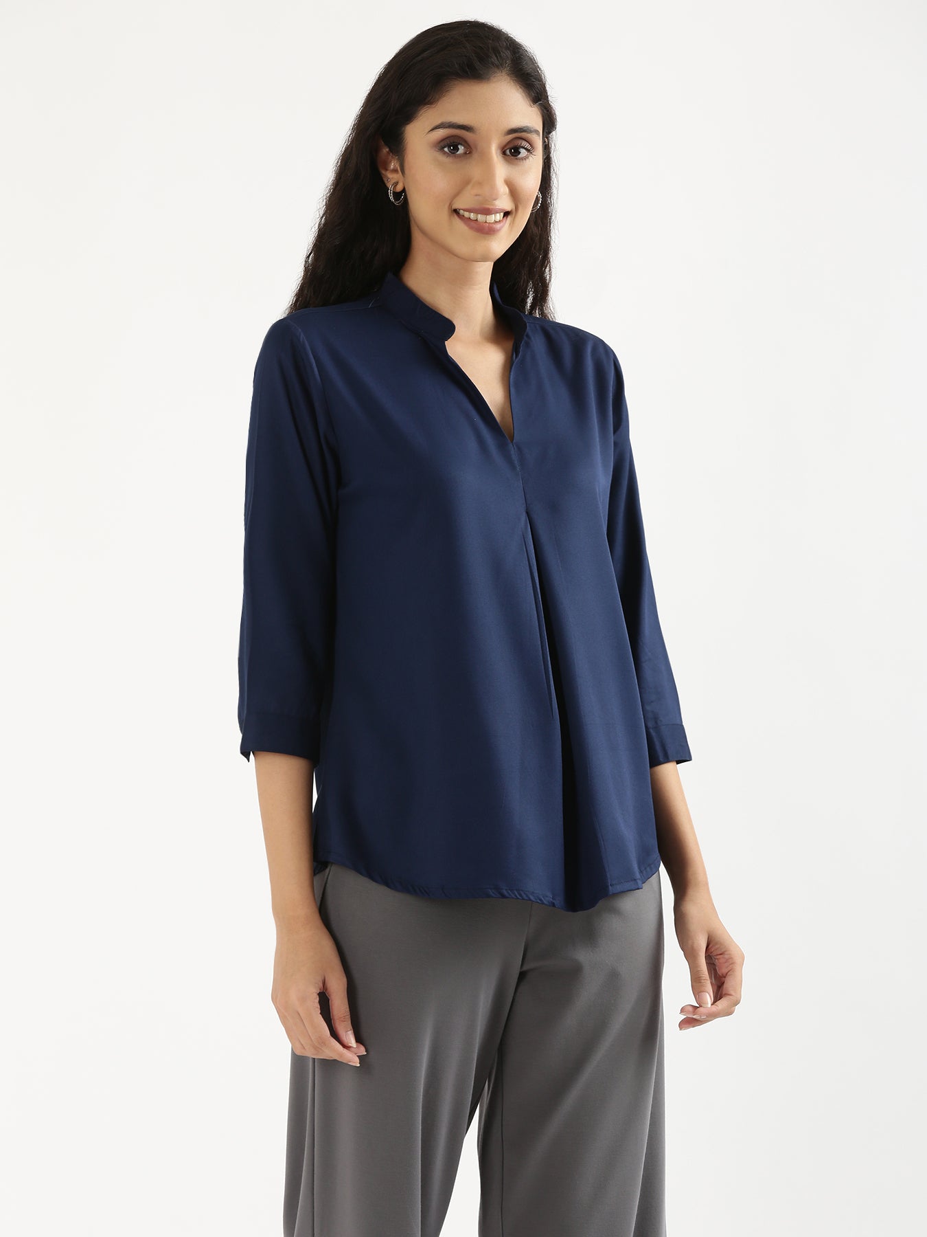 Women Navy Blue Viscose Pleated Top
