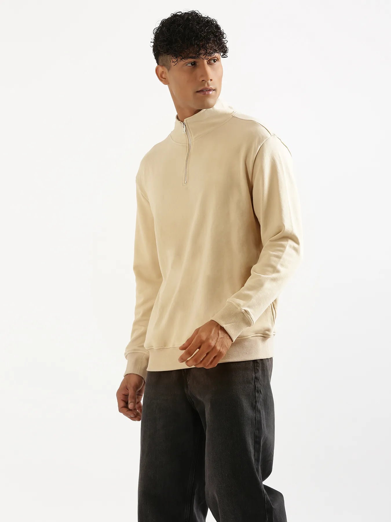 Unisex Beige Zip Neck Sweatshirt