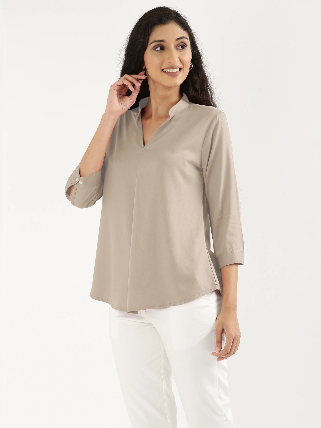 Women Taupe Viscose Pleated Top