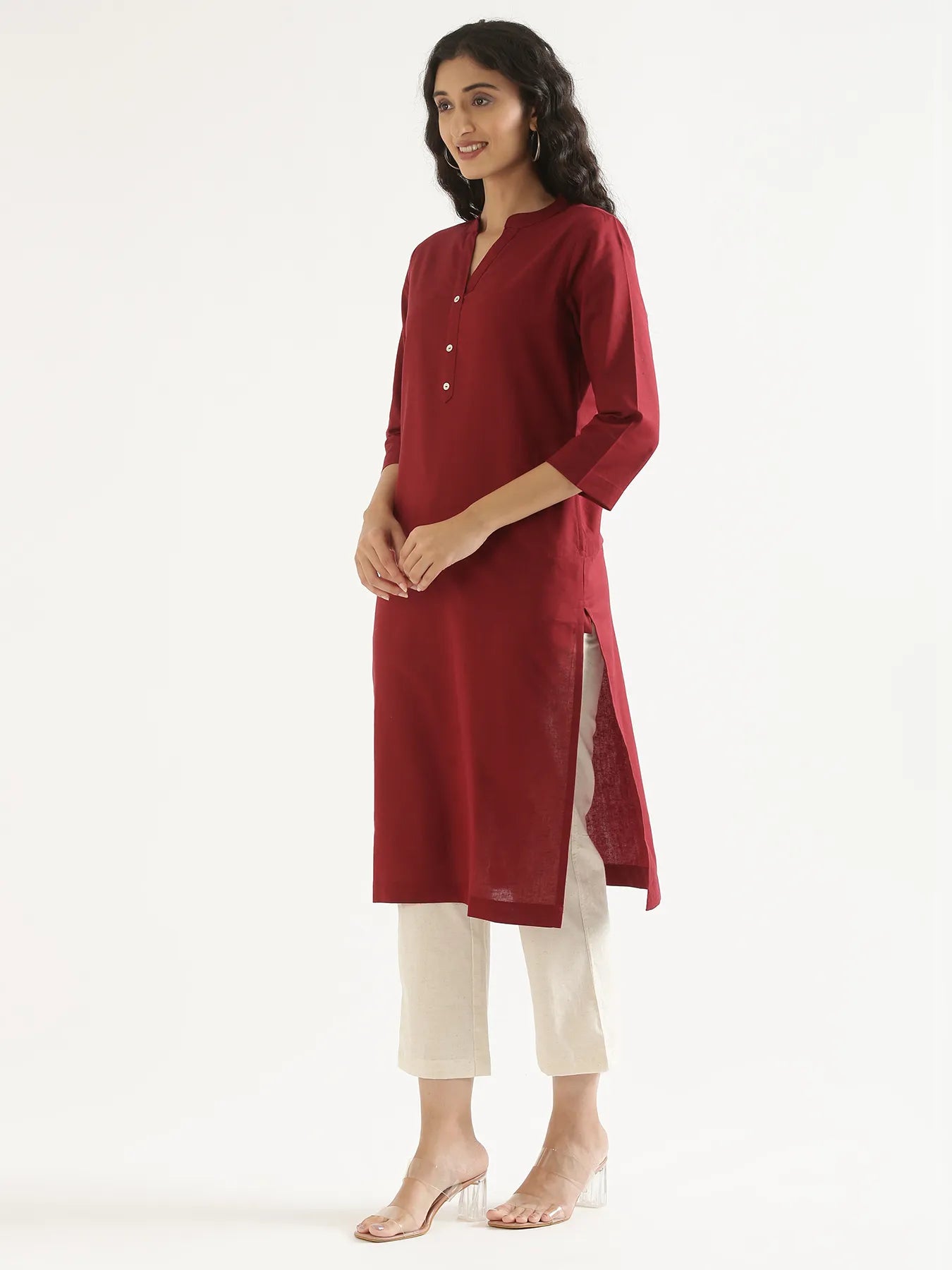 Women Maroon Airy Linen Long Kurta