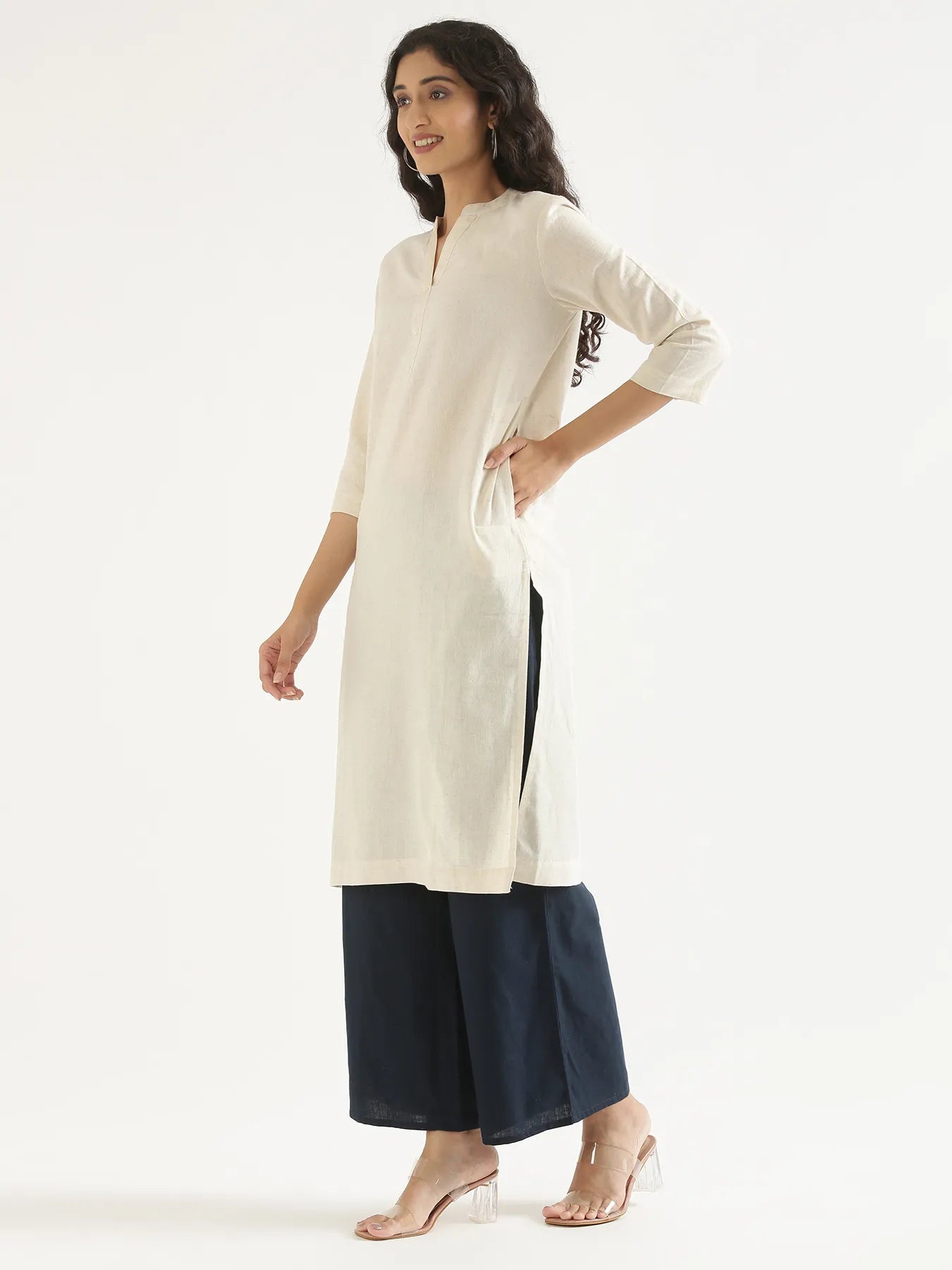 Women Ecru Airy Linen Long Kurta