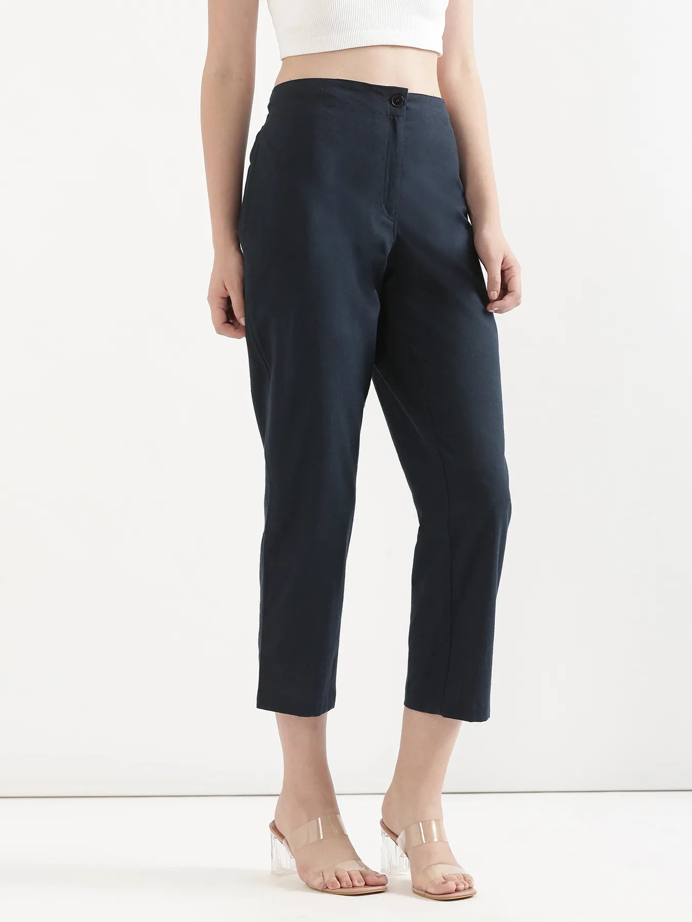 Women Navy Blue Airy Linen Straight Pant