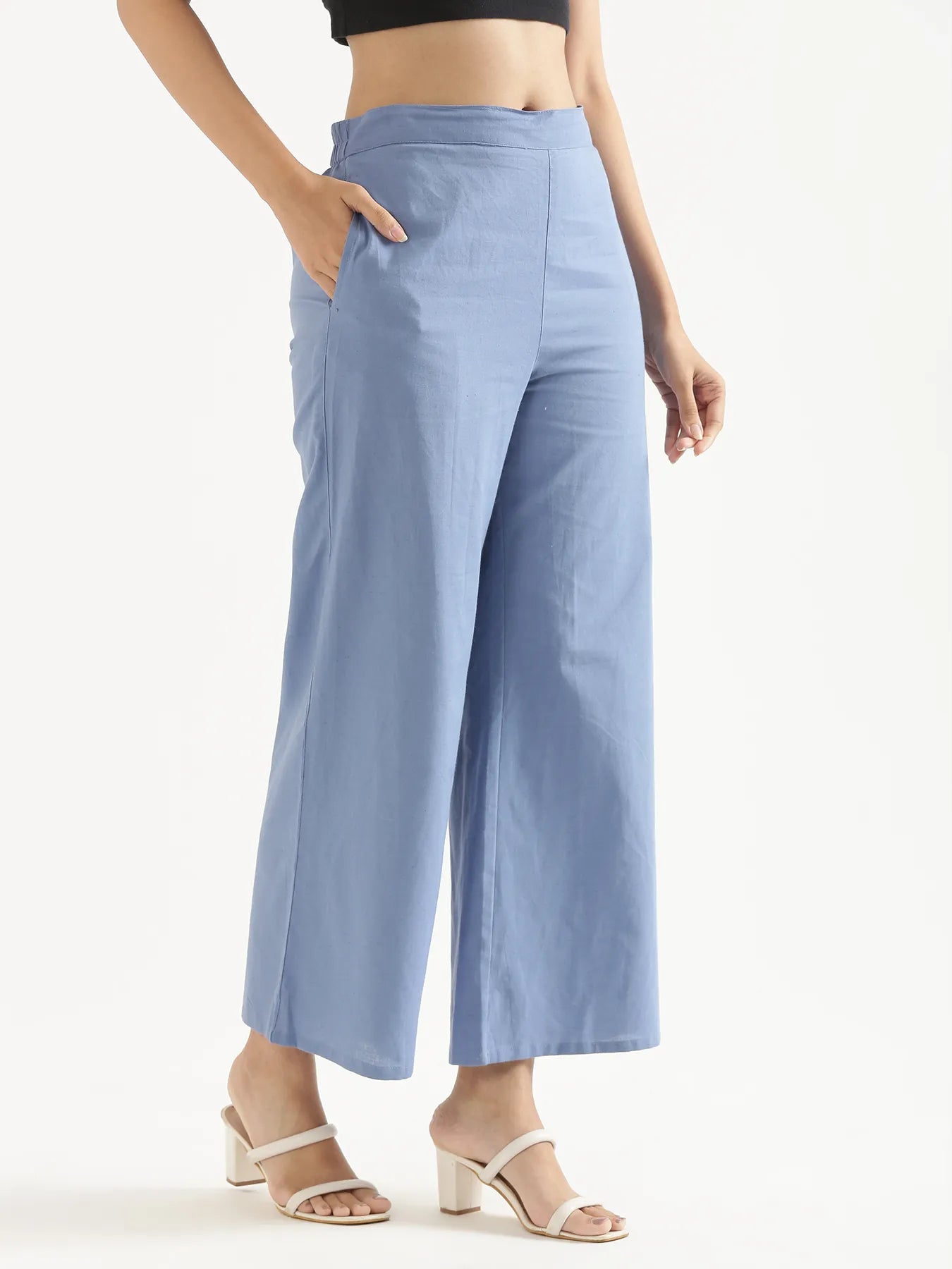 Women English Blue Airy Linen Wide Leg Pant