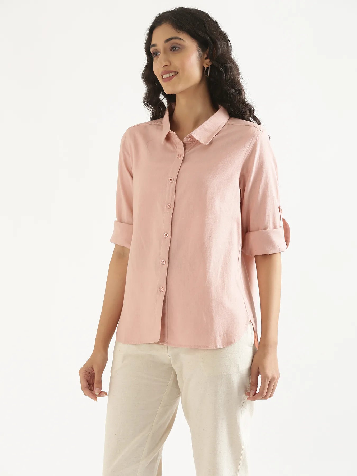 Women Salmon Pink Airy-Linen Shirt