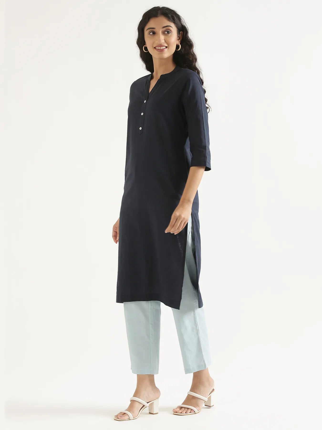 Women Navy Blue Airy Linen Long Kurta