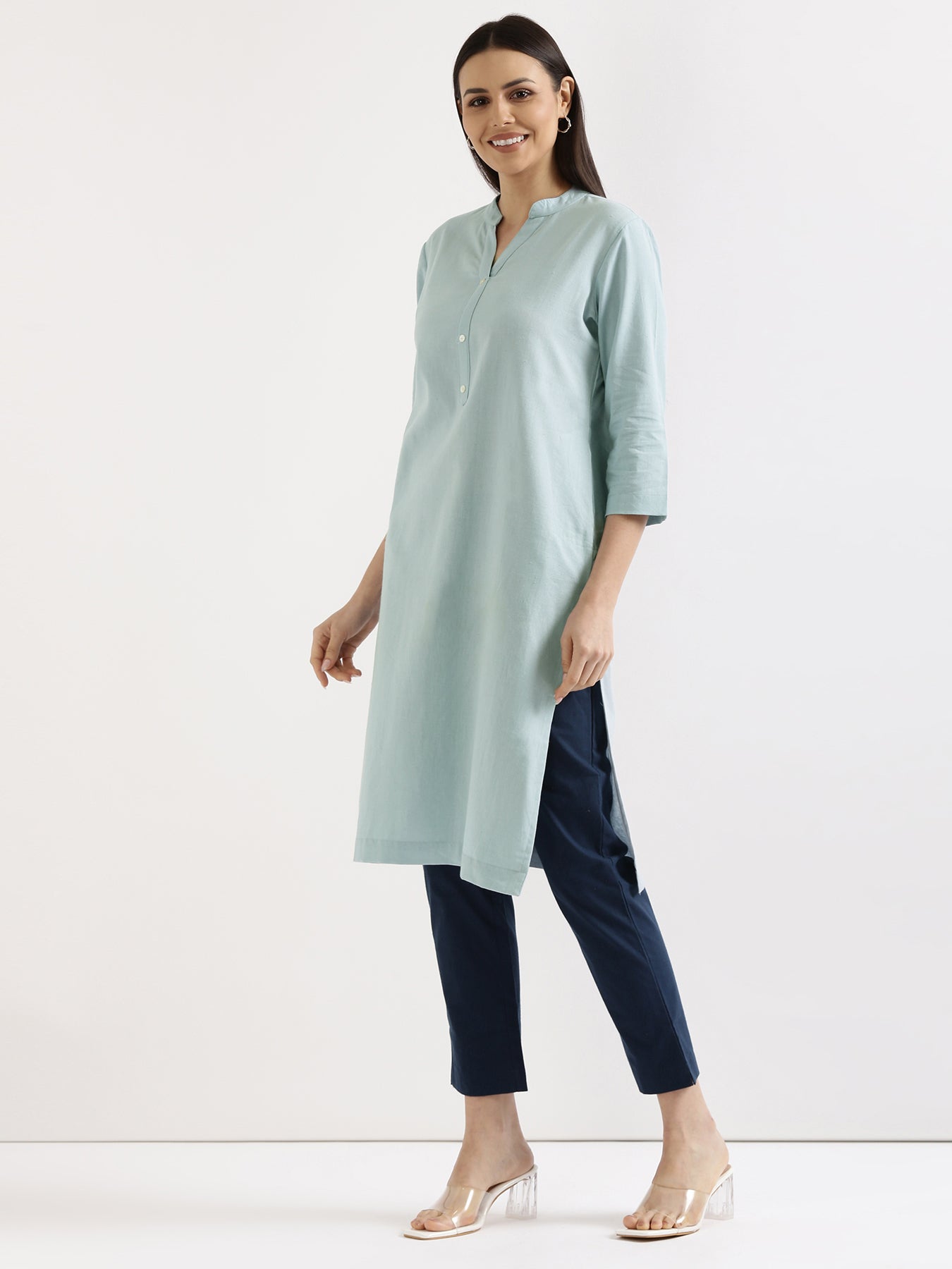 Women Sky Blue Airy Linen Long Kurta