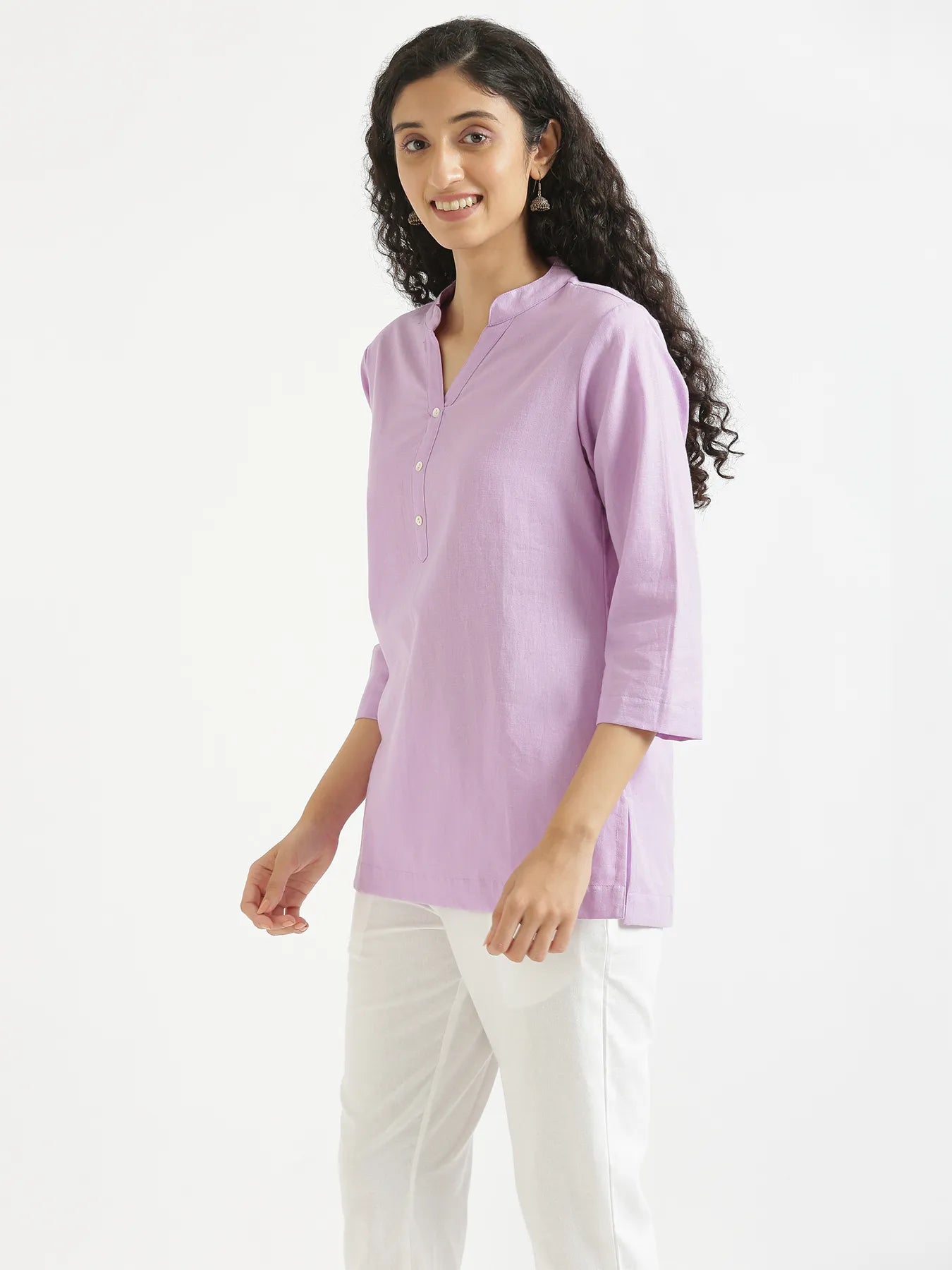 Women Lilac Airy Linen Short Kurta & White Cotton Pant Set