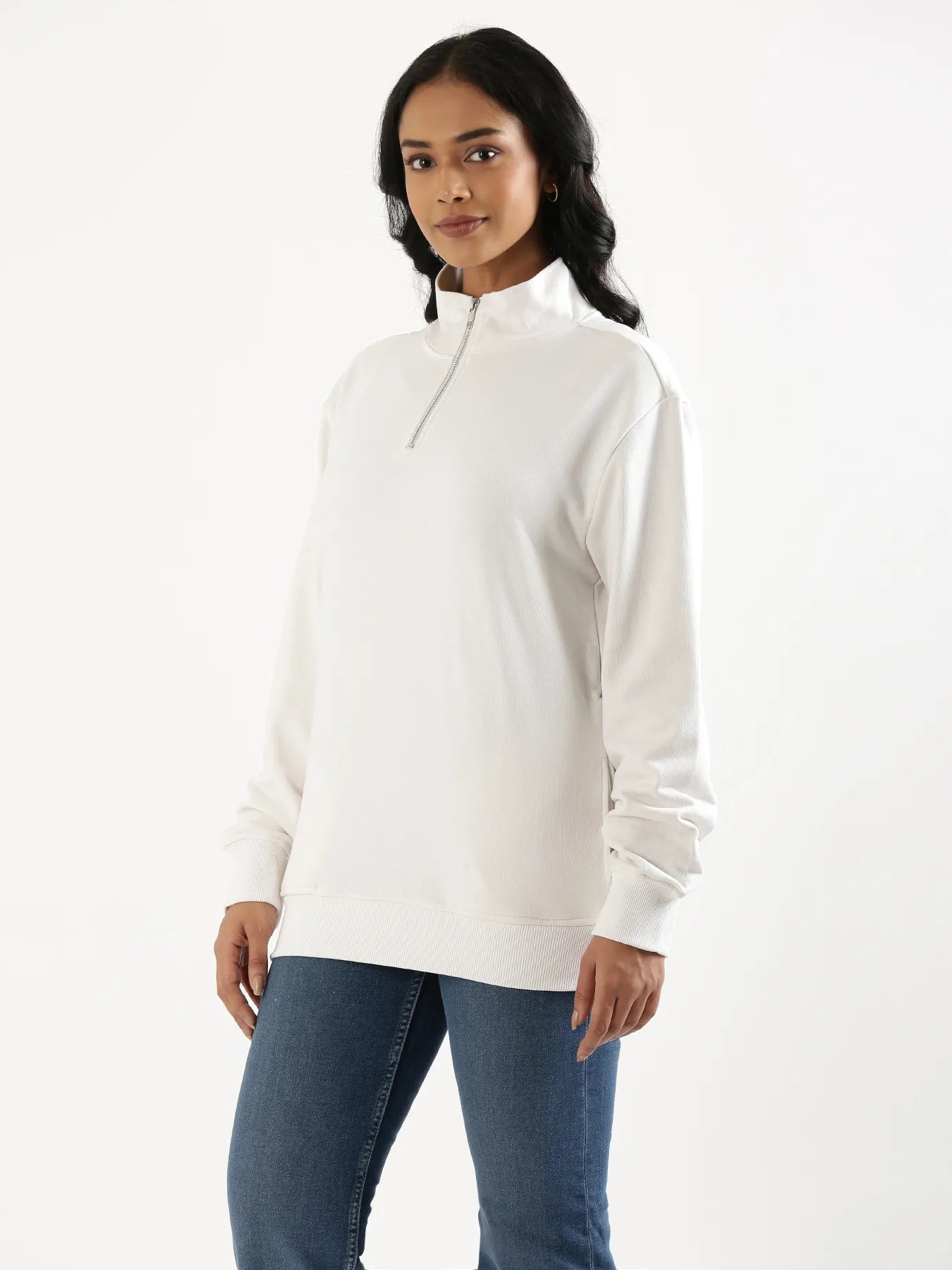 Unisex White Zip Neck Sweatshirt