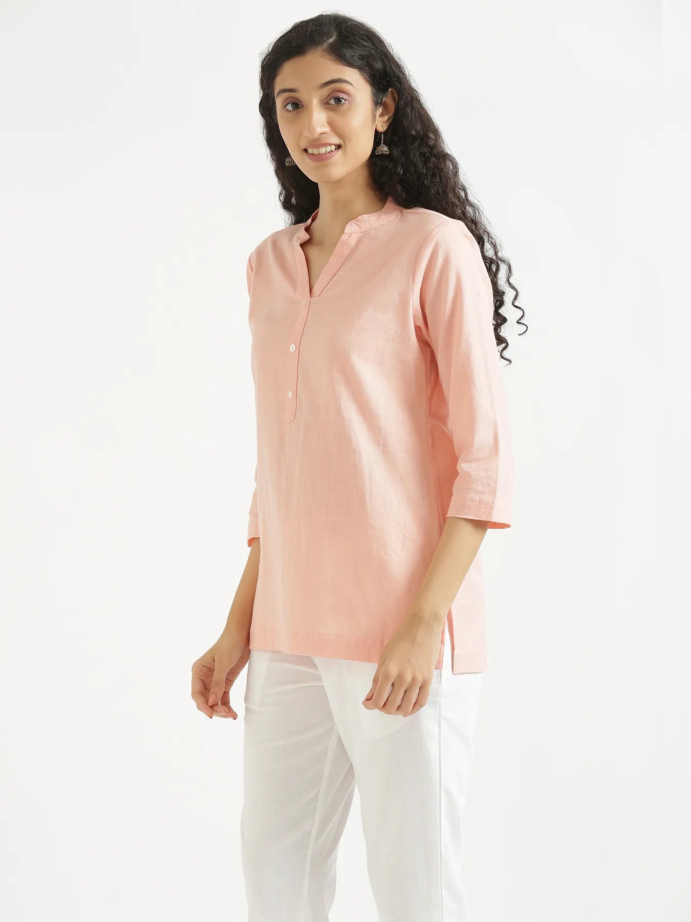 Women Peach Airy Linen Short Kurta