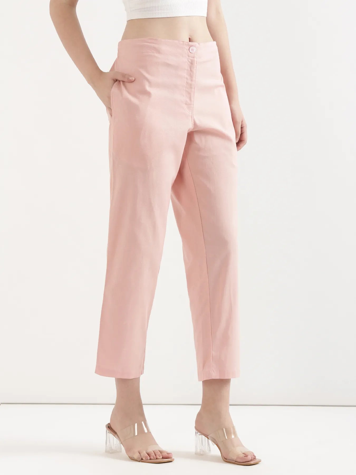 Women Salmon Pink Airy Linen Straight Pant