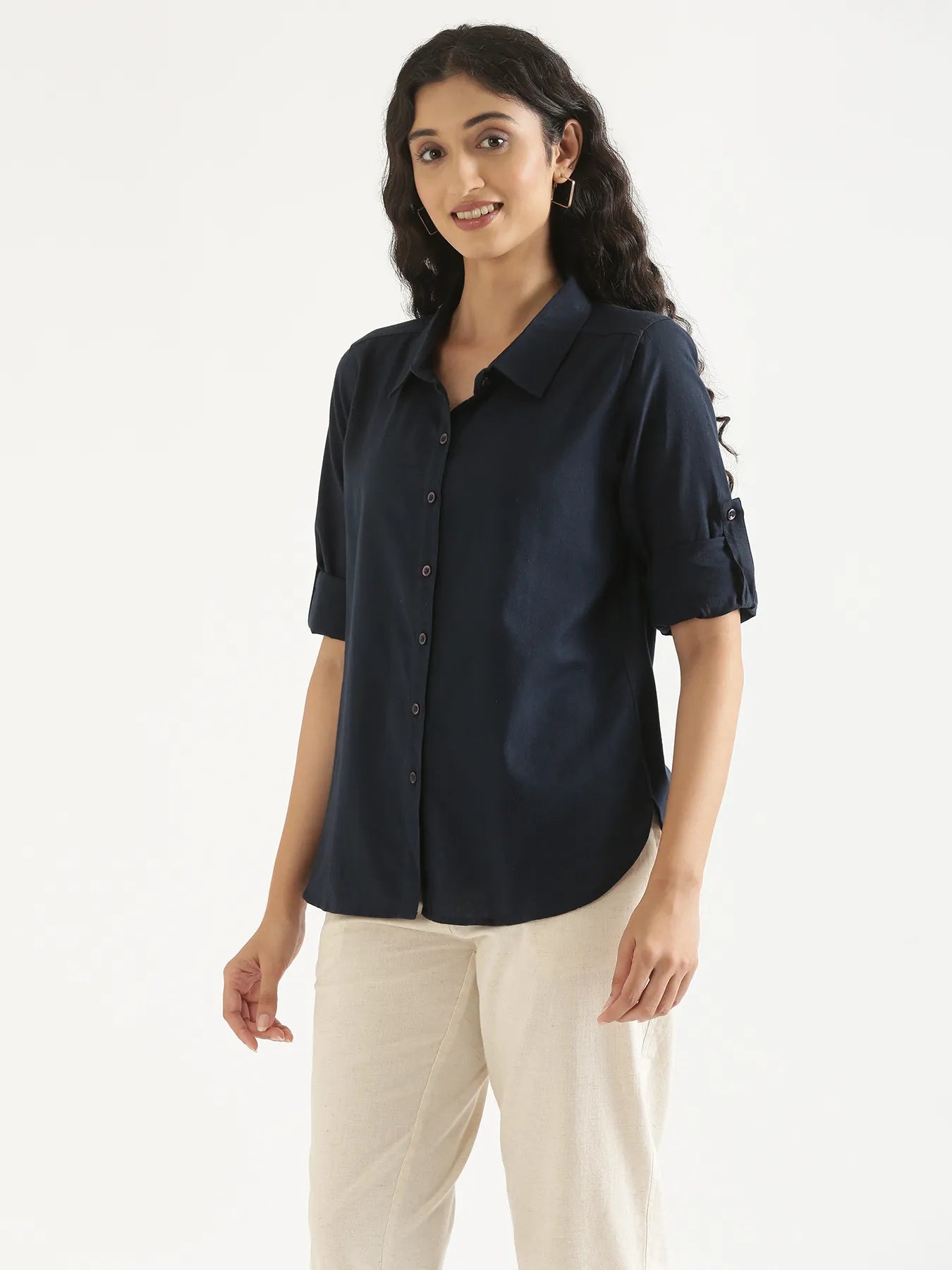 Women Navy Blue Airy-Linen Shirt