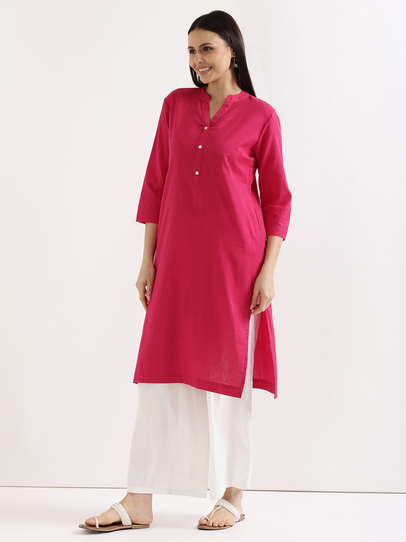 Women Hot Pink Airy Linen Long Kurta