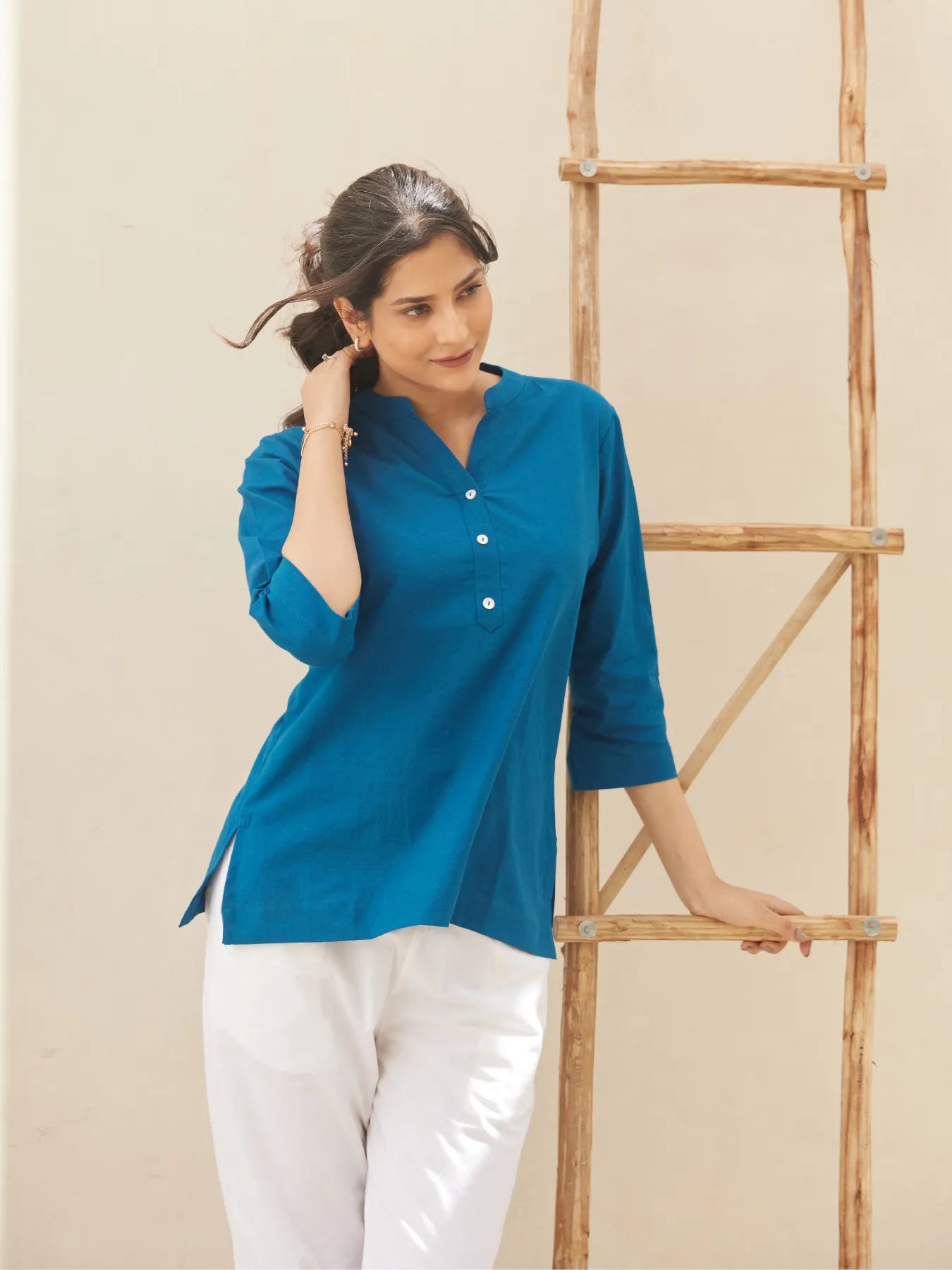 Turquoise Short Kurta with White Cotton Pant
