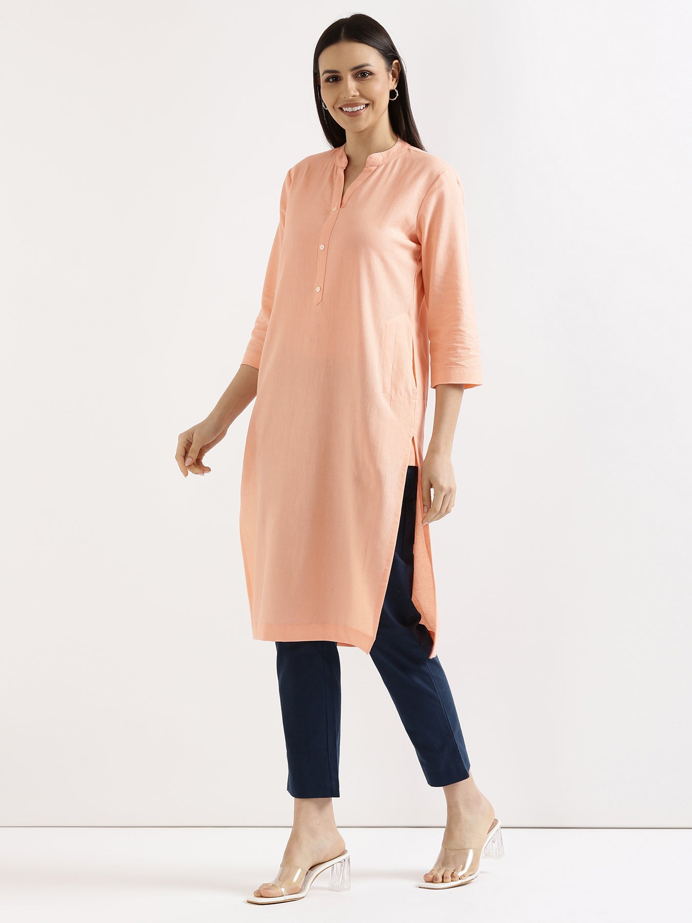 Women Peach Airy Linen Long Kurta