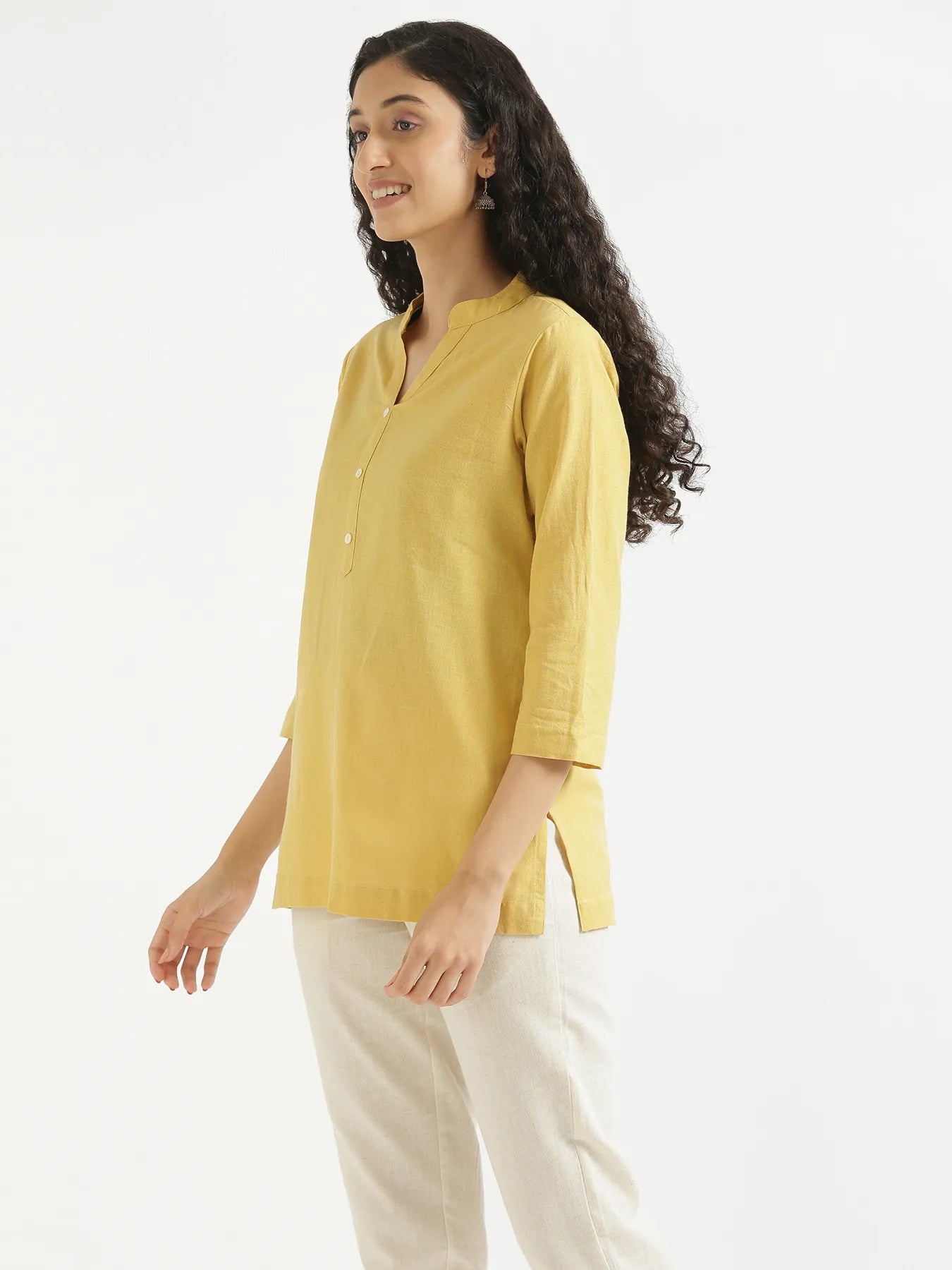 Women Yellow Airy Linen Short Kurta & Beige Cotton Pant Set