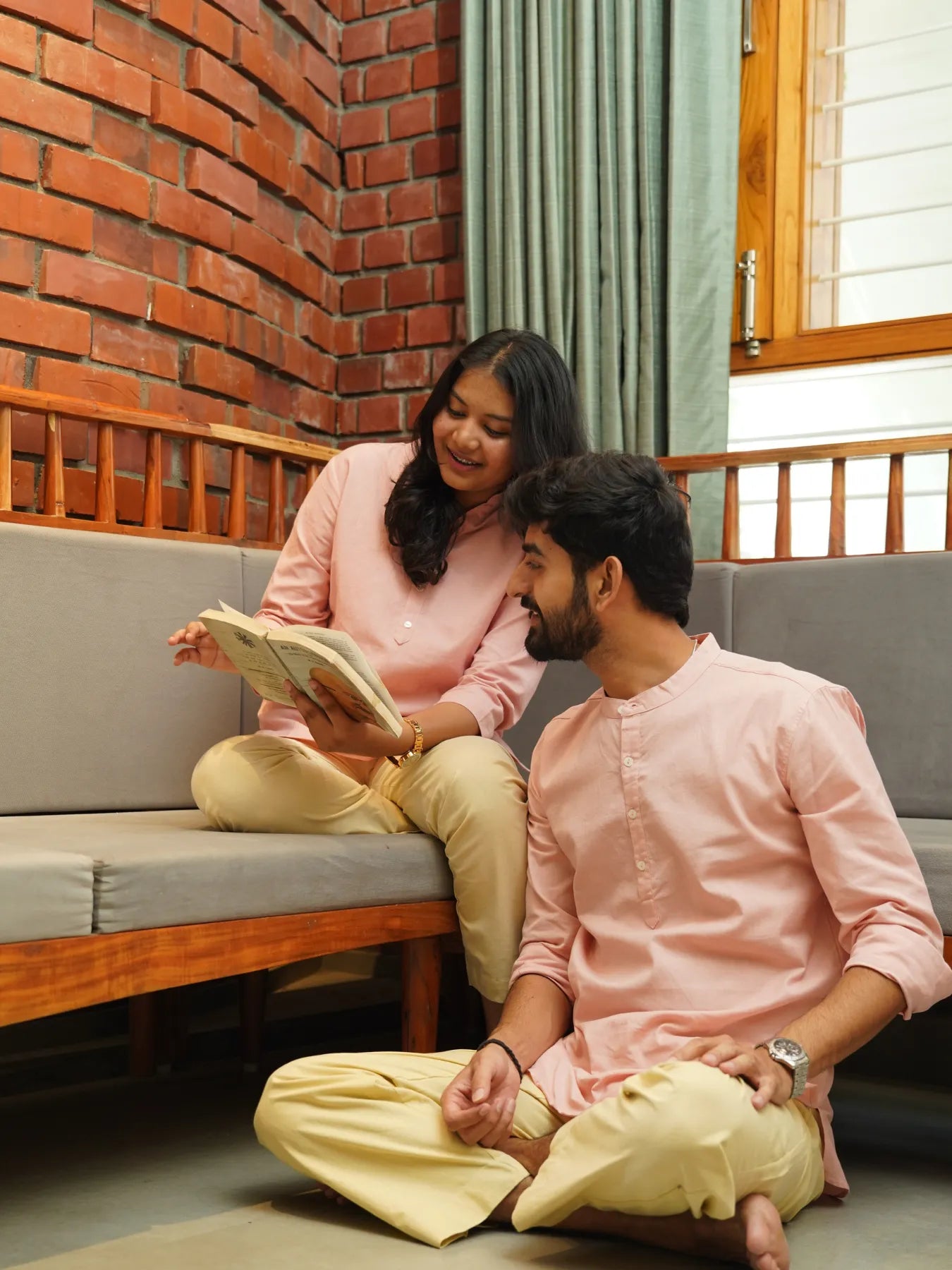 Couple Salmon Pink Short Kurta Combo