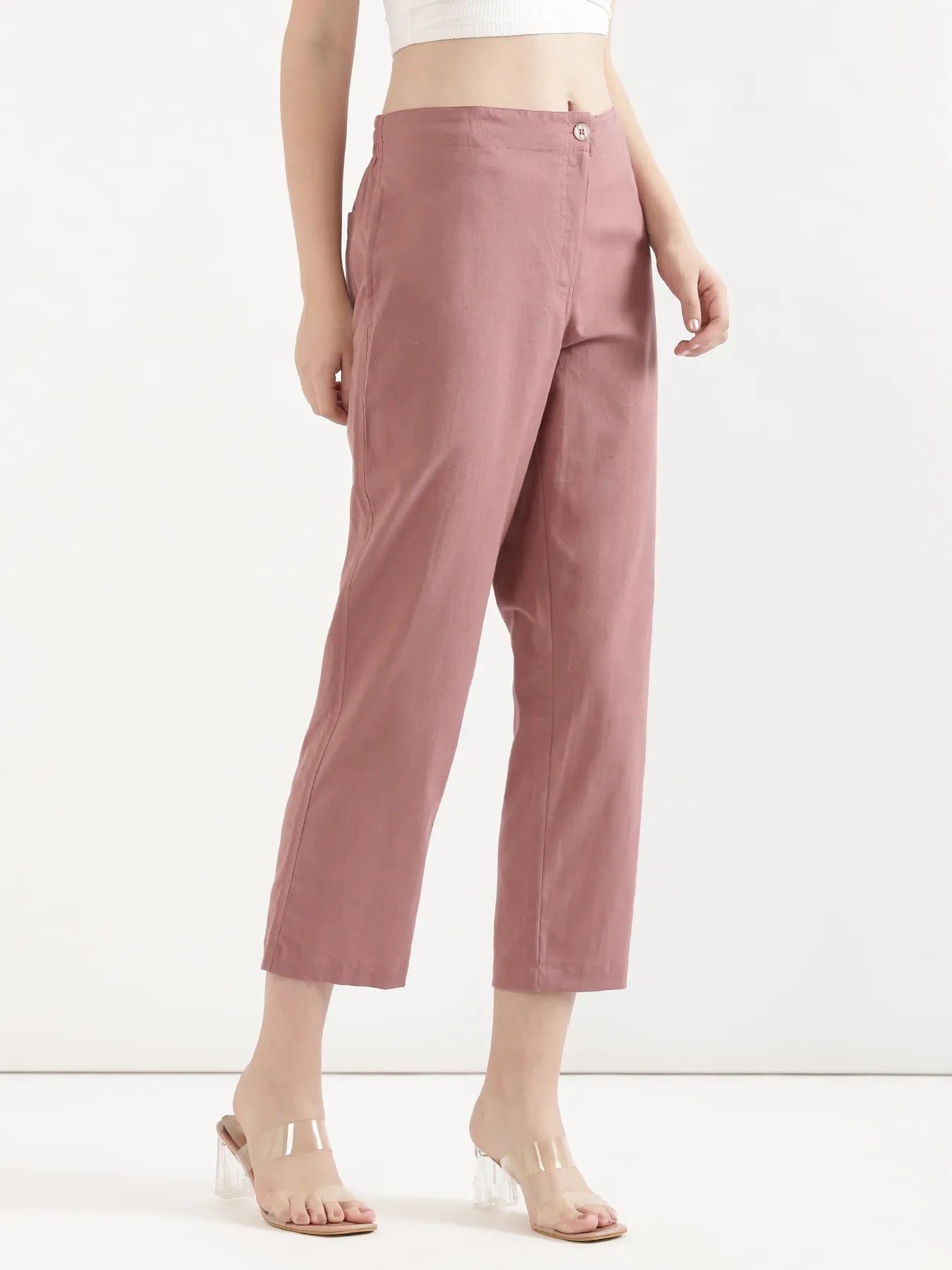 Women Rose Taupe Airy Linen Straight Pant