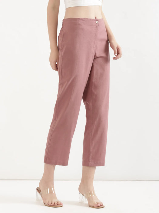 Women Rose Taupe Airy Linen Straight Pants