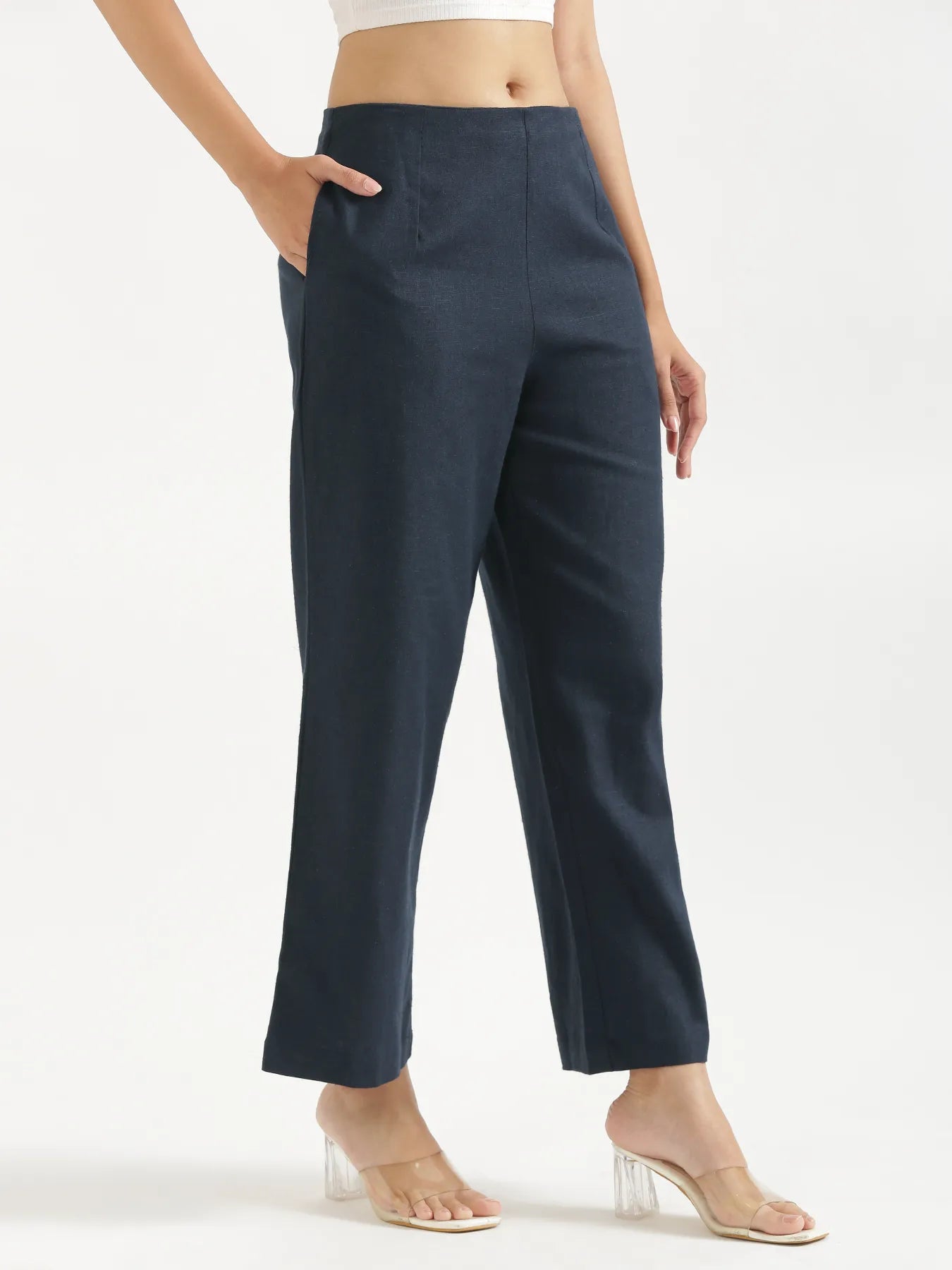 Women Navy Blue Linen Blend Wide Leg Pant