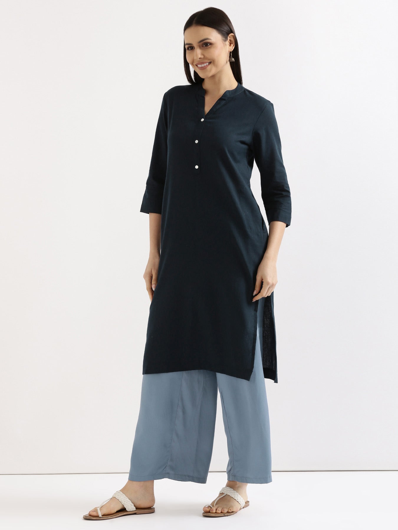 Women Navy Blue Airy Linen Long Kurta