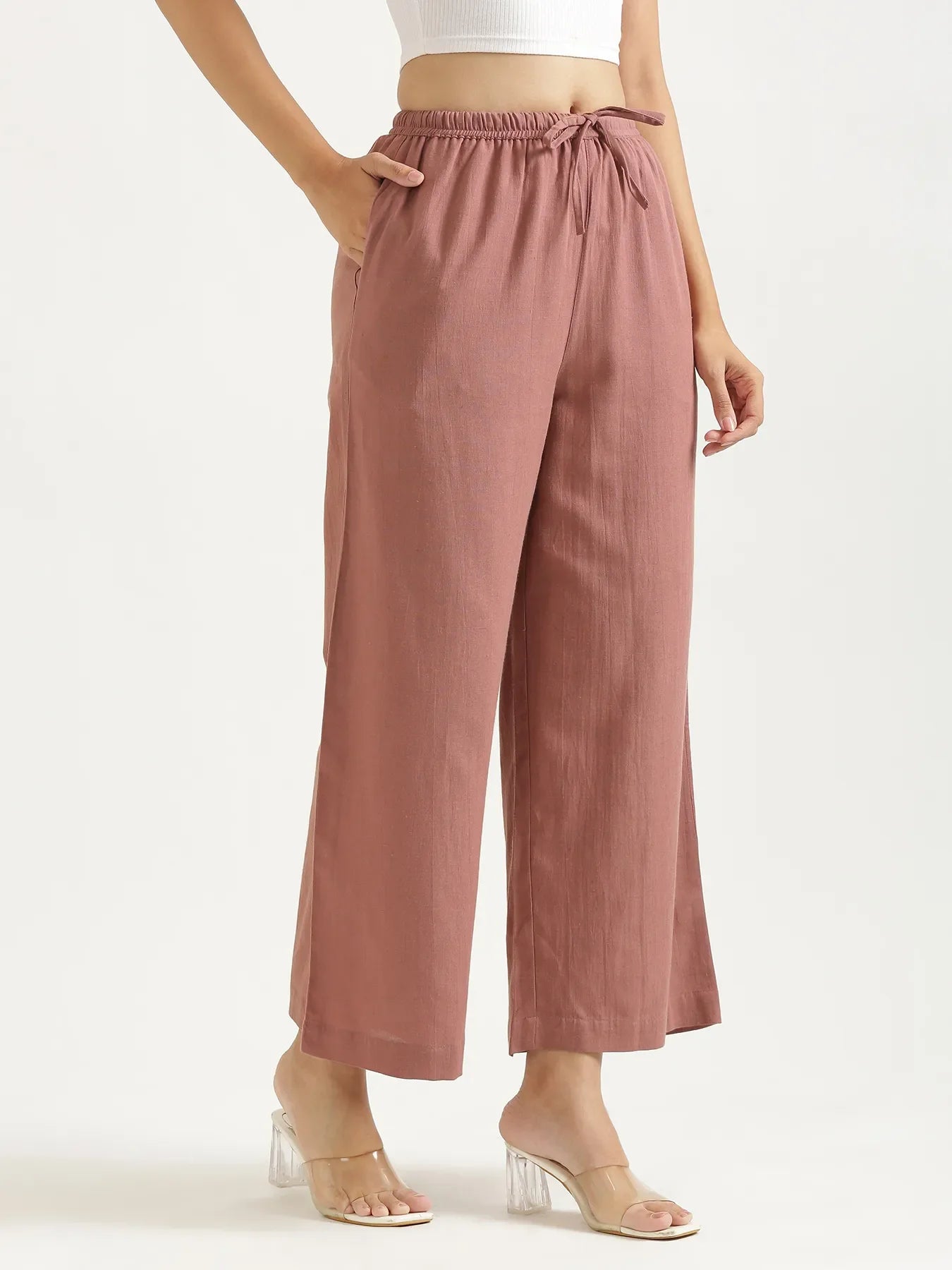 Women Rose Taupe Flowy Linen Wide Leg Pants
