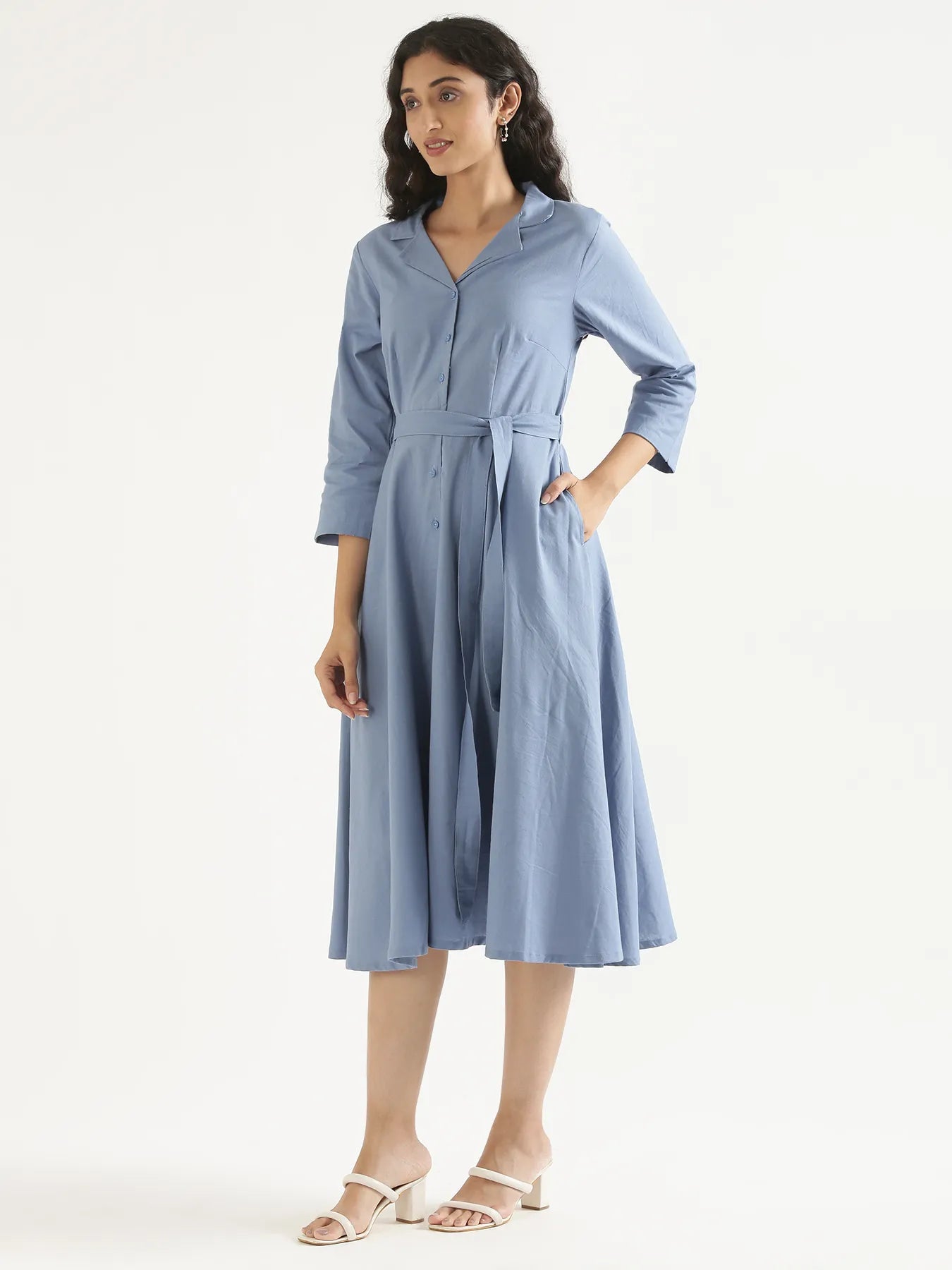 Women English Blue Airy Linen Flared Dress