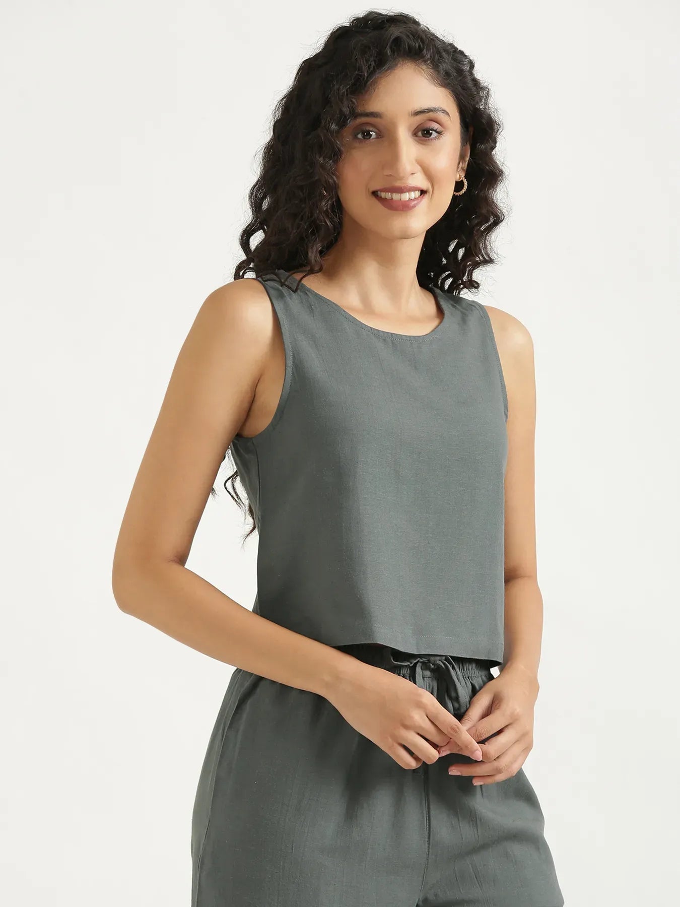 Women German Grey Flowy Linen Pant Set