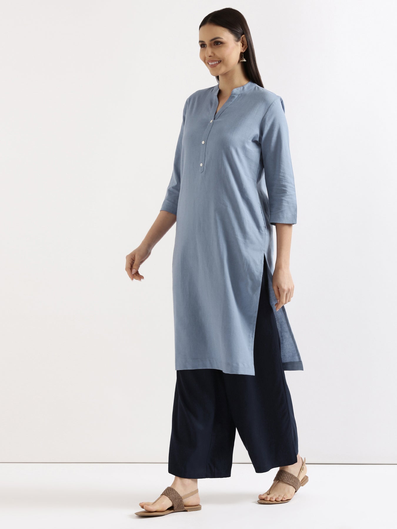 Women English Blue Airy Linen Long Kurta