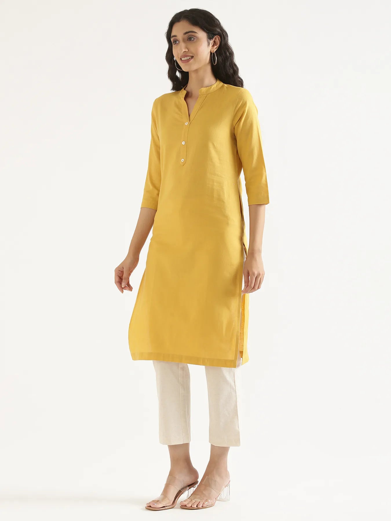 Women Yellow Airy Linen Long Kurta
