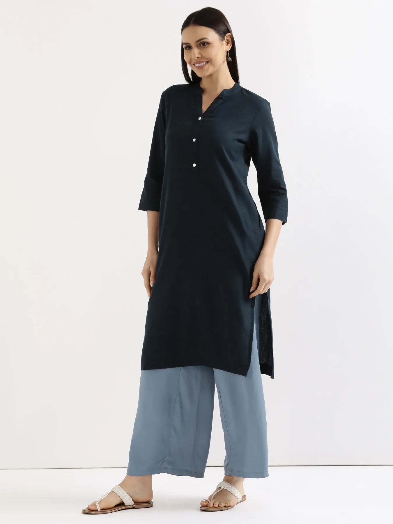Women Navy Blue Airy Linen Long Kurta