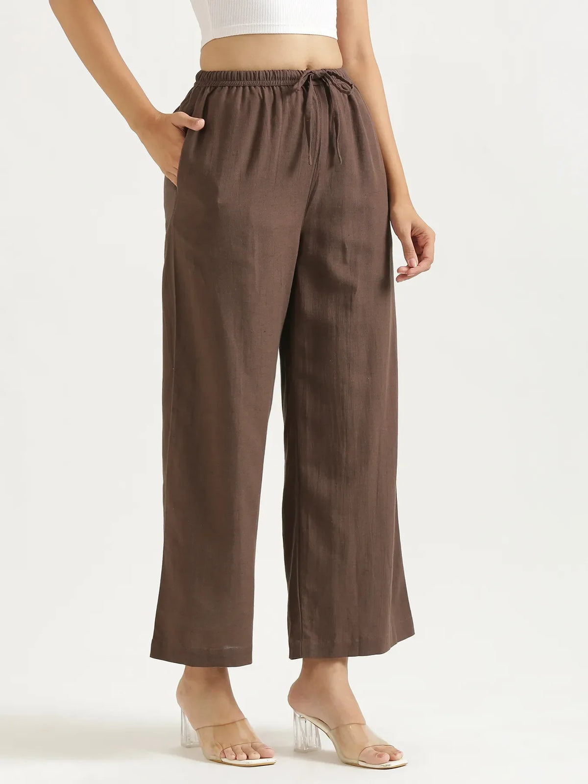 Women Dark Brown Flowy Linen Wide Leg Pants