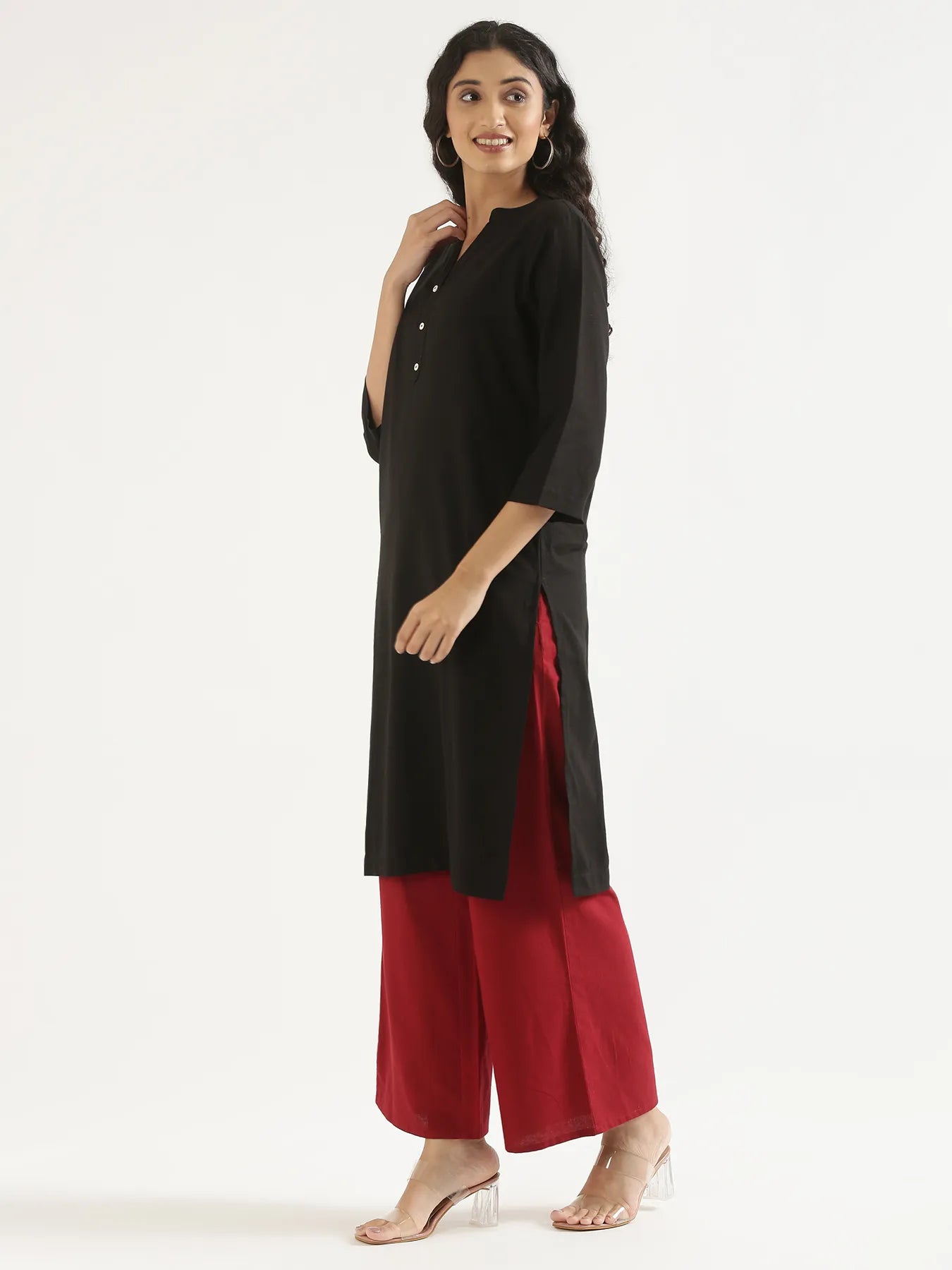 Women Black Airy Linen Long Kurta