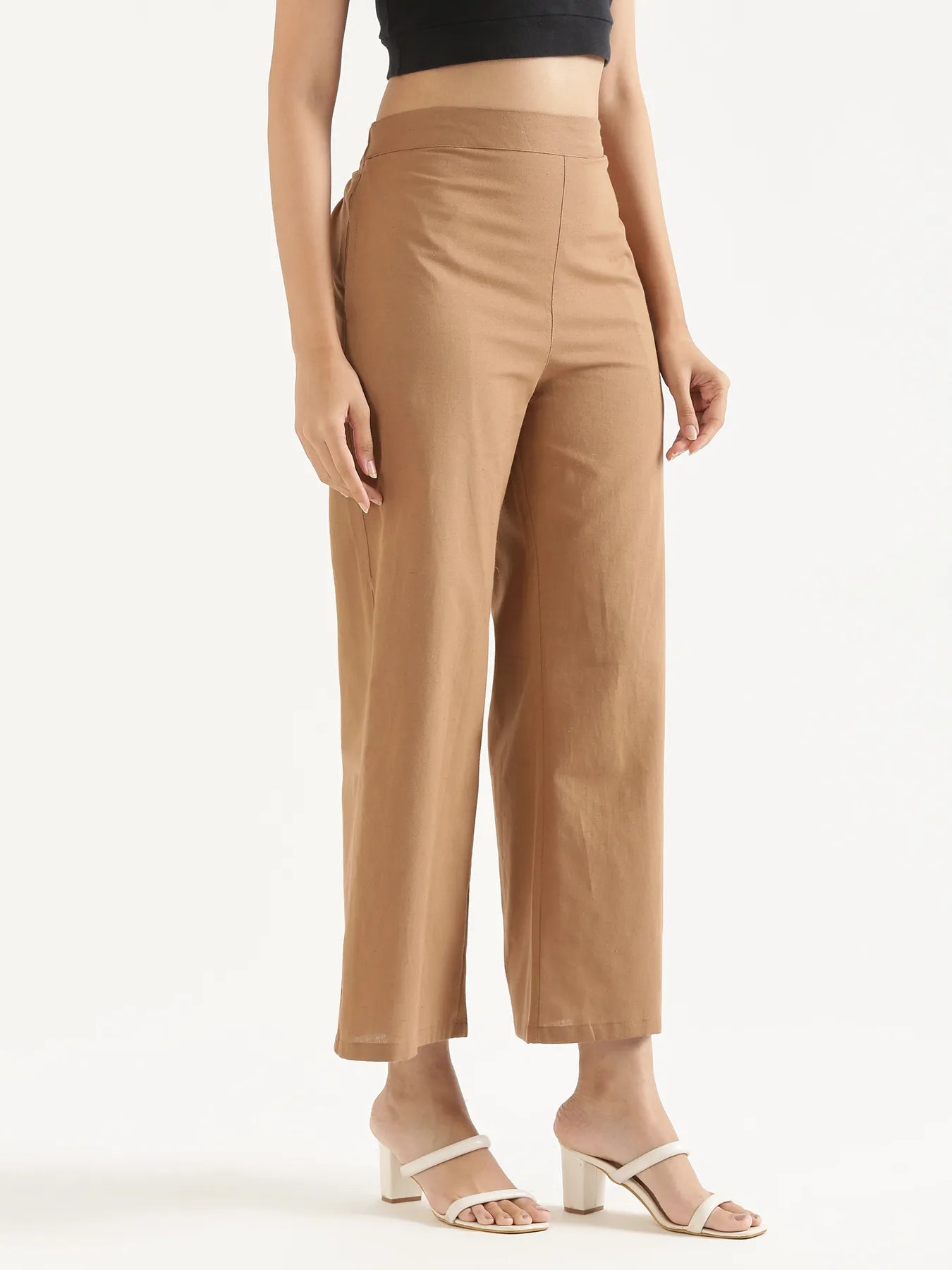 Women Coffee Brown Airy Linen Wide Leg Pant