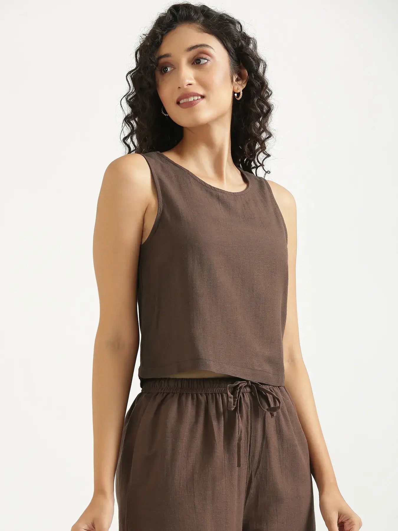 Women Dark Brown Flowy Linen Crop Top