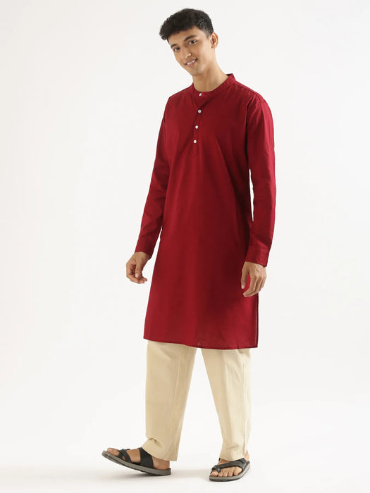 Men Maroon Airy Linen Long Kurta