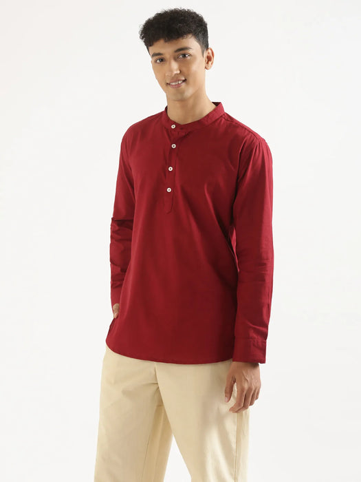 Men Maroon Airy Linen Short Kurta